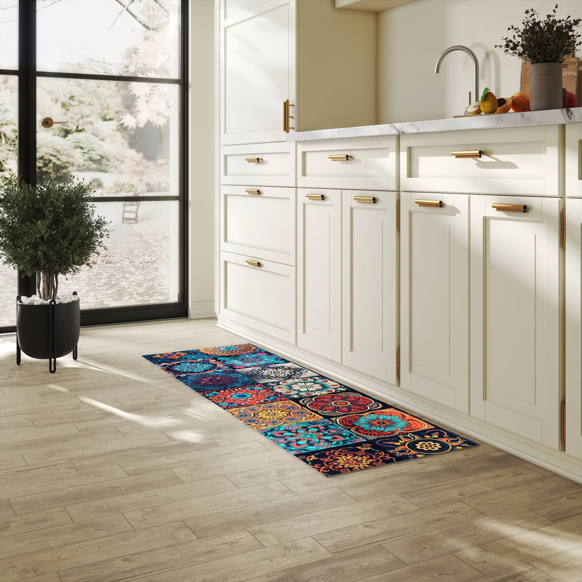 Geruchsneutraler langer Teppich mit Motiv Mandala Mosaik Teppich in heller Küche