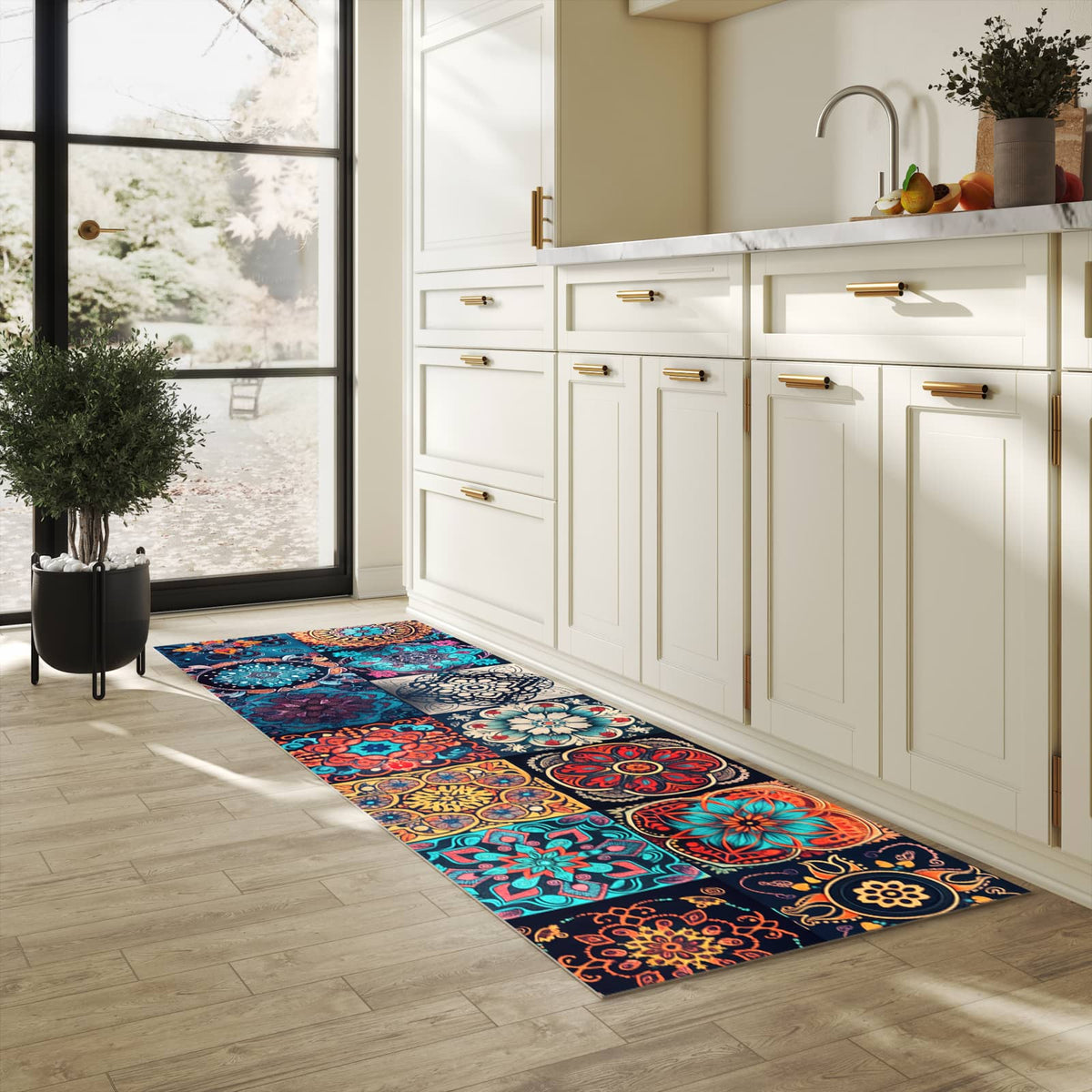Waschbarer Teppich fürs Esszimmer mit Motiv Mandala Mosaik Teppich in heller Küche