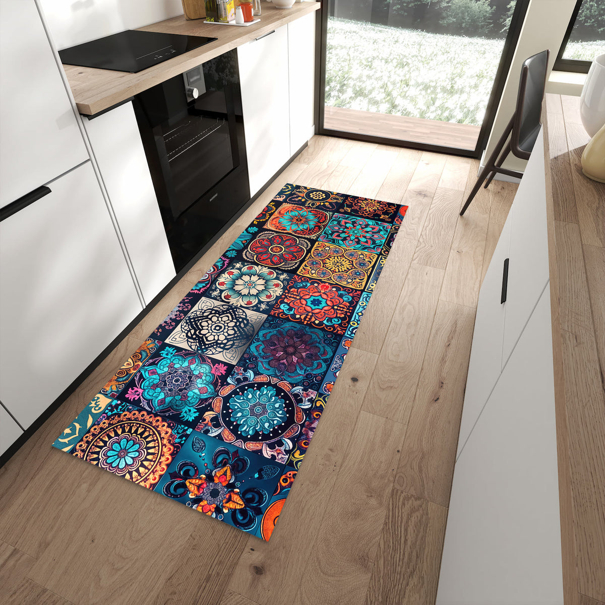 Zeitsparender moderner Küchenläufer mit Motiv Mandala Mosaik Teppich in moderner Küche