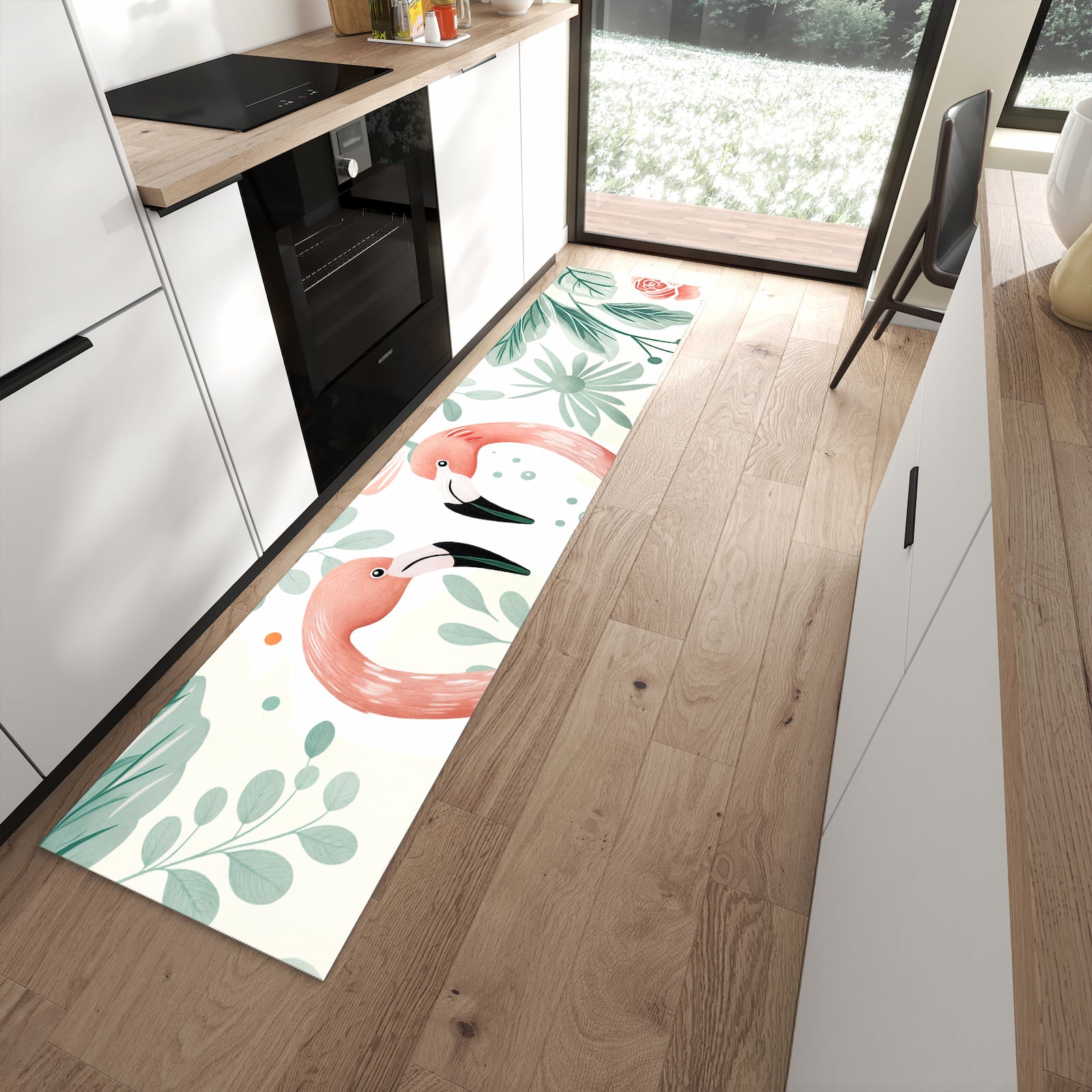 Komfortabler waschbarer Küchenteppich mit Motiv Flamingo Blätter in moderner Küche