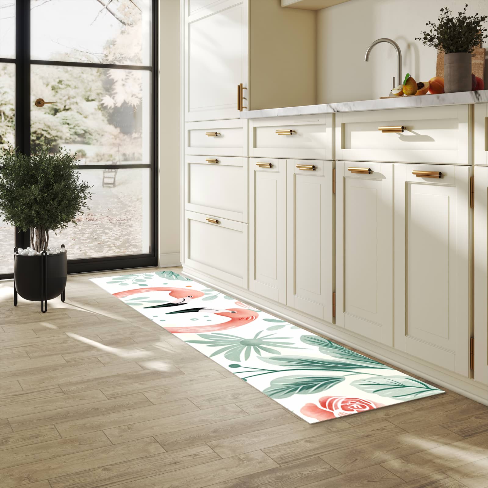 Farbbeständiger Läufer für die Küche mit Motiv Flamingo Blätter in heller Küche
