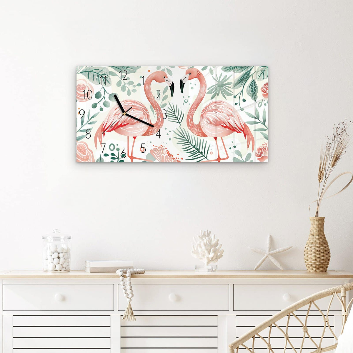 Wanduhr Flamingo Blätter aus Glas – Querformat 60 × 30 cm – Zwei Flamingos zwischen Palmblättern