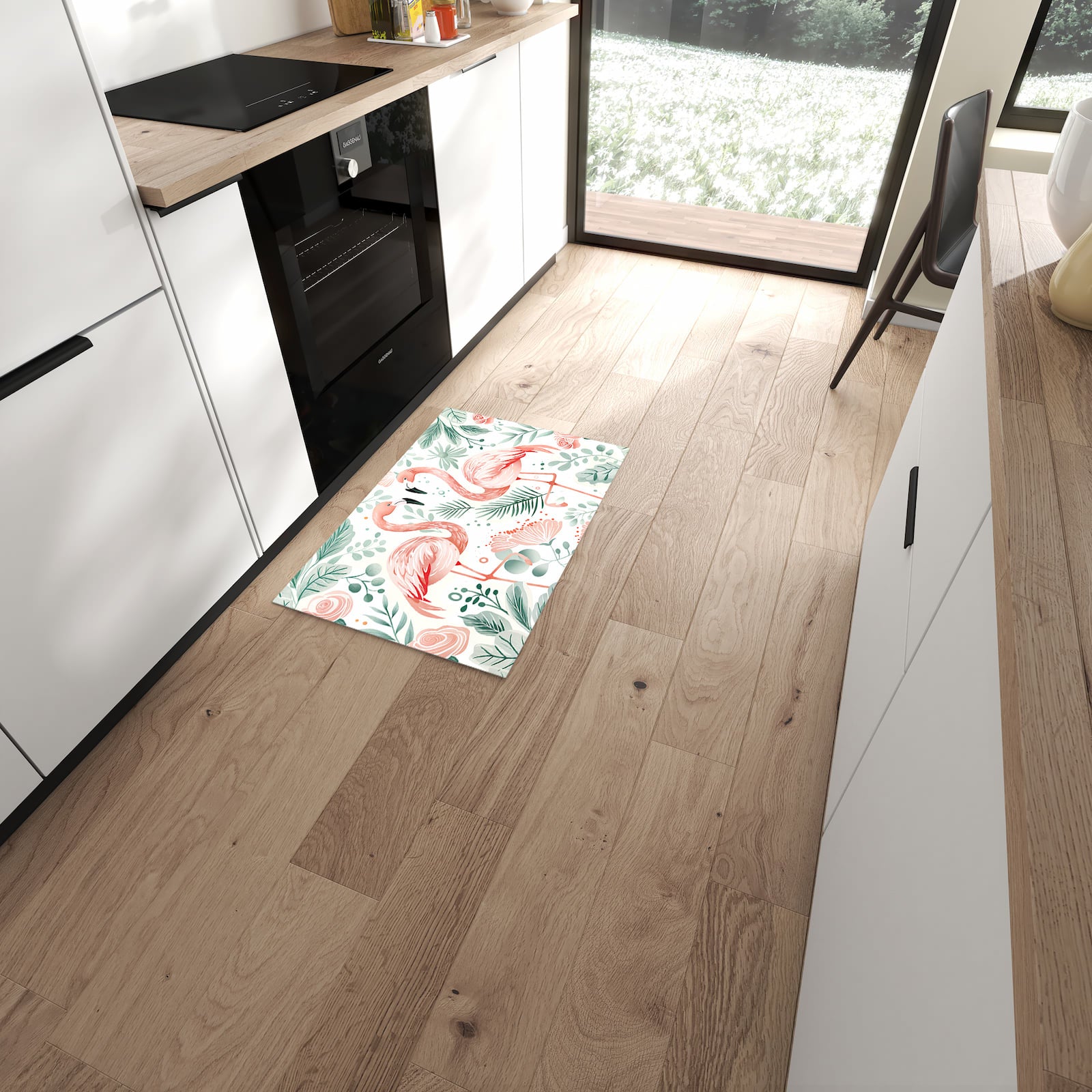 Pflegeleichter großer Küchenteppich mit Motiv Flamingo Blätter in moderner Küche