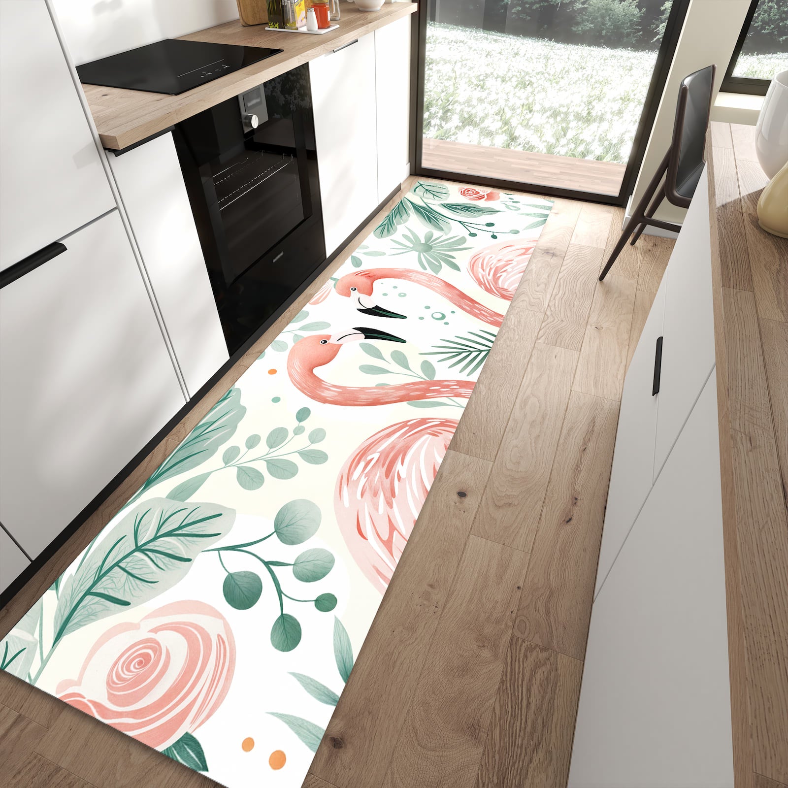 Waschbarer Küchenläufer mit Motiv Flamingo Blätter in moderner Küche