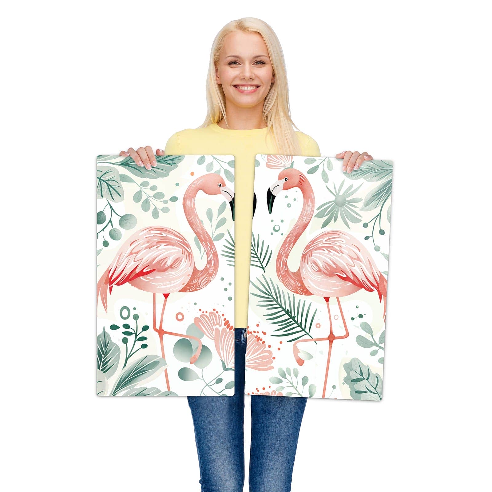 2-teilige Herd Schutzplatte mit Flamingo Blätter-Motiv wird zur Größendarstellung gehalten