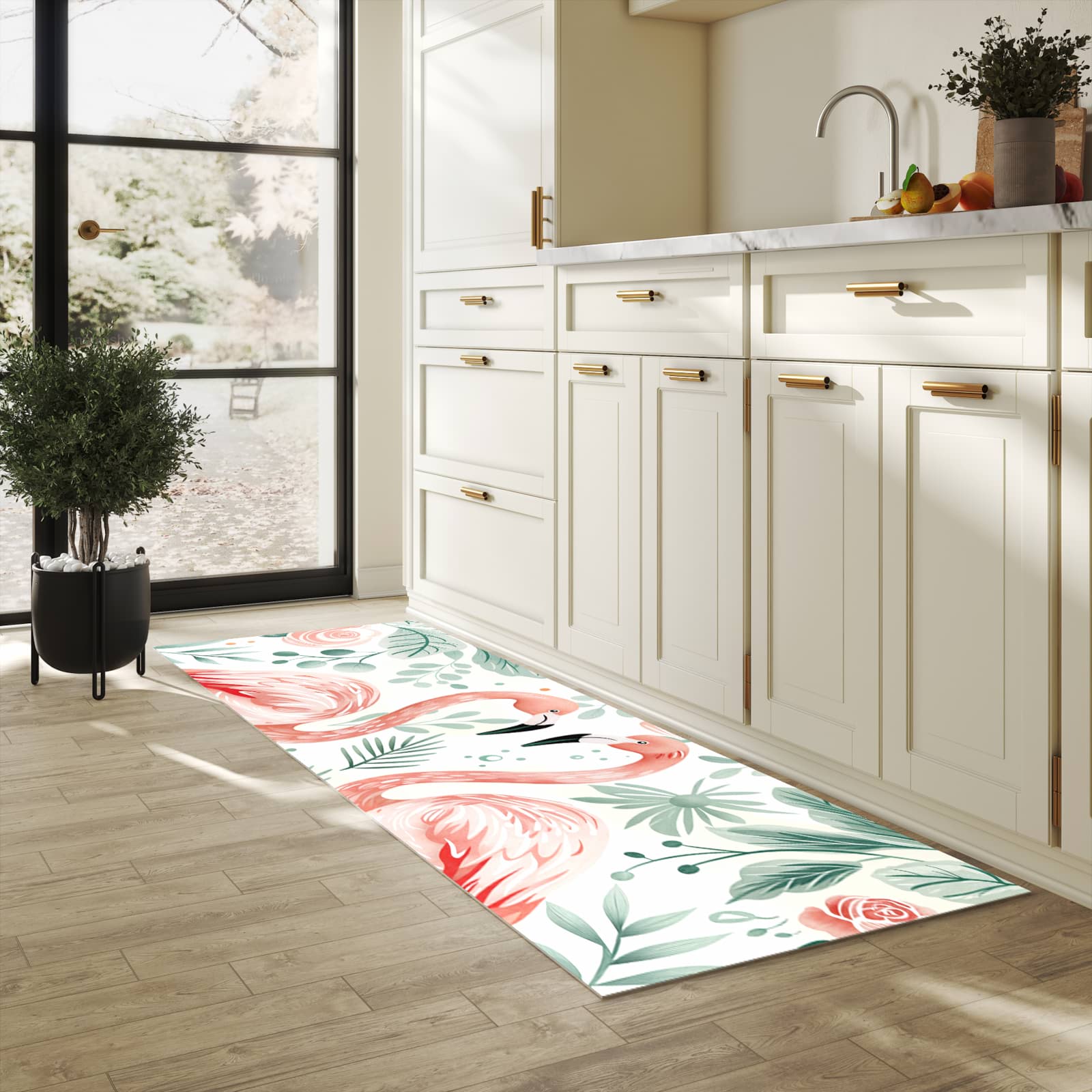 Geräuschdämpfender Küchenvorleger mit Motiv Flamingo Blätter in heller Küche