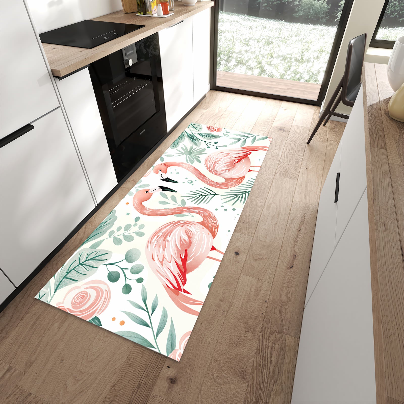 Rutschfester Küchenteppich mit Motiv Flamingo Blätter für angenehmes Stehen in moderner Küche