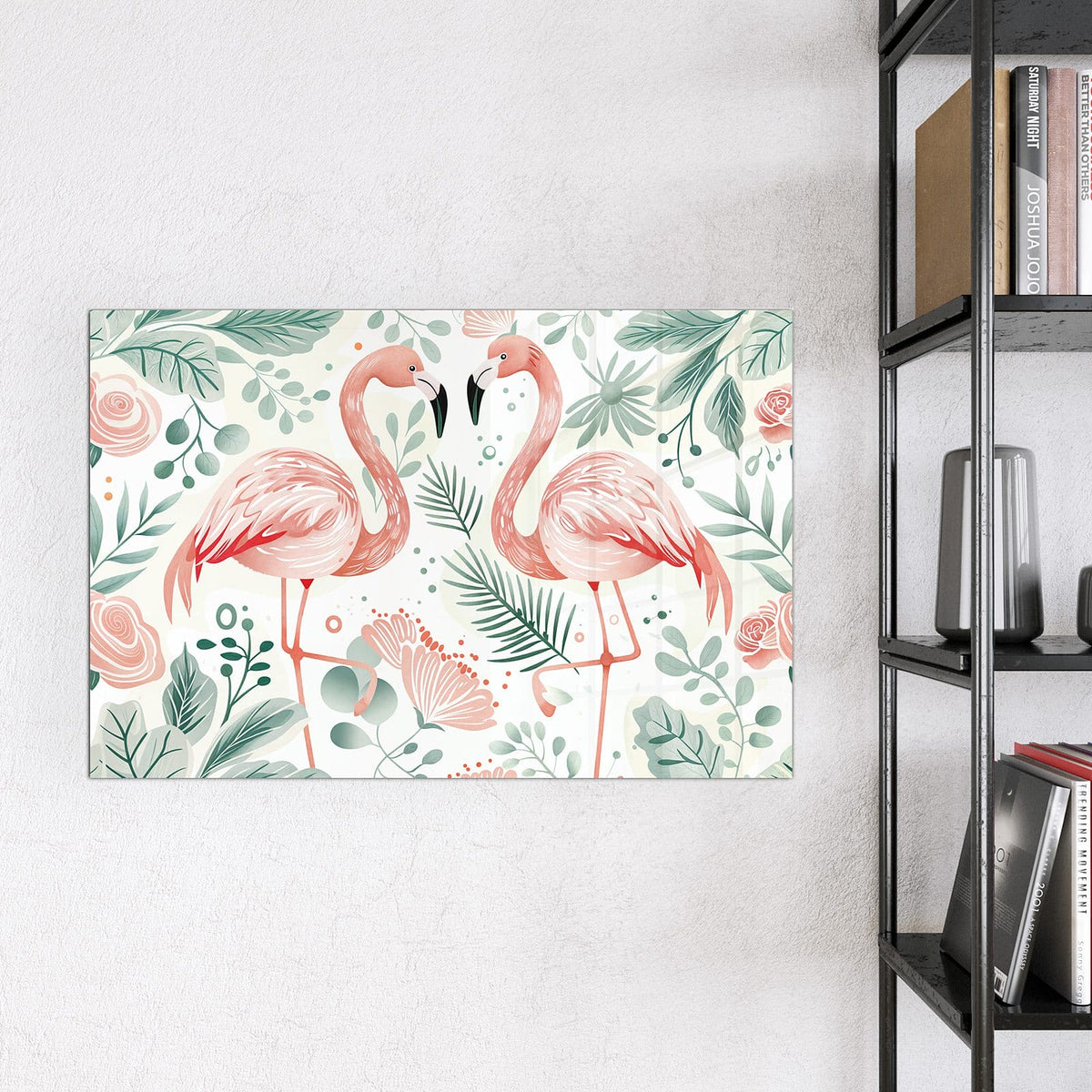 Magnettafel - Flamingos in Pastell – Zwei Flamingos zwischen Blättern