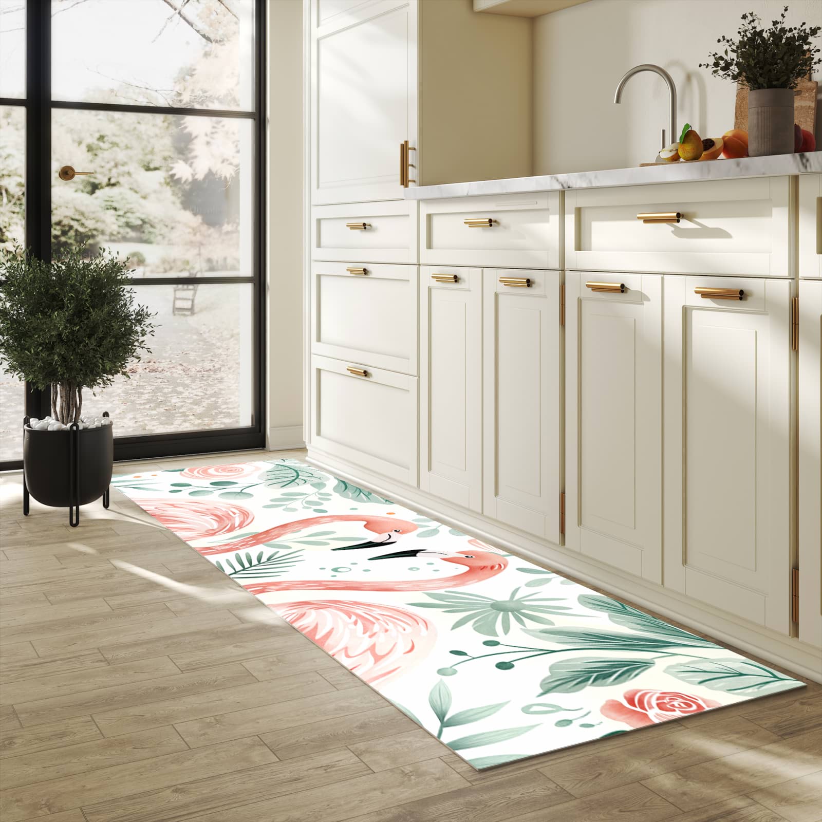 Abriebfester waschbarer Teppich Küche mit Motiv Flamingo Blätter in heller Küche