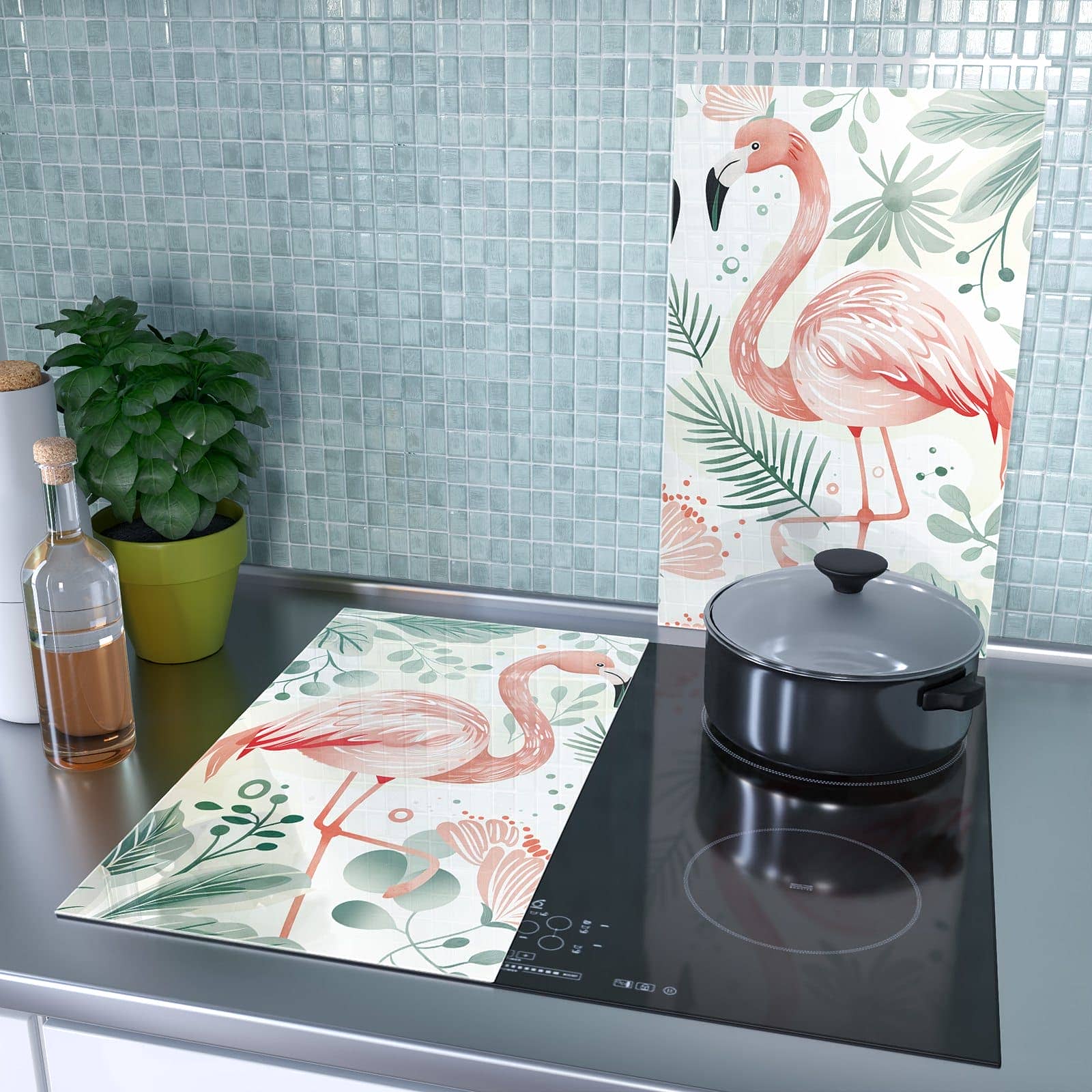 2-teilige Herdabdeckplatte mit Flamingo Blätter-Motiv als Spritzschutz hinter dem Kochfeld