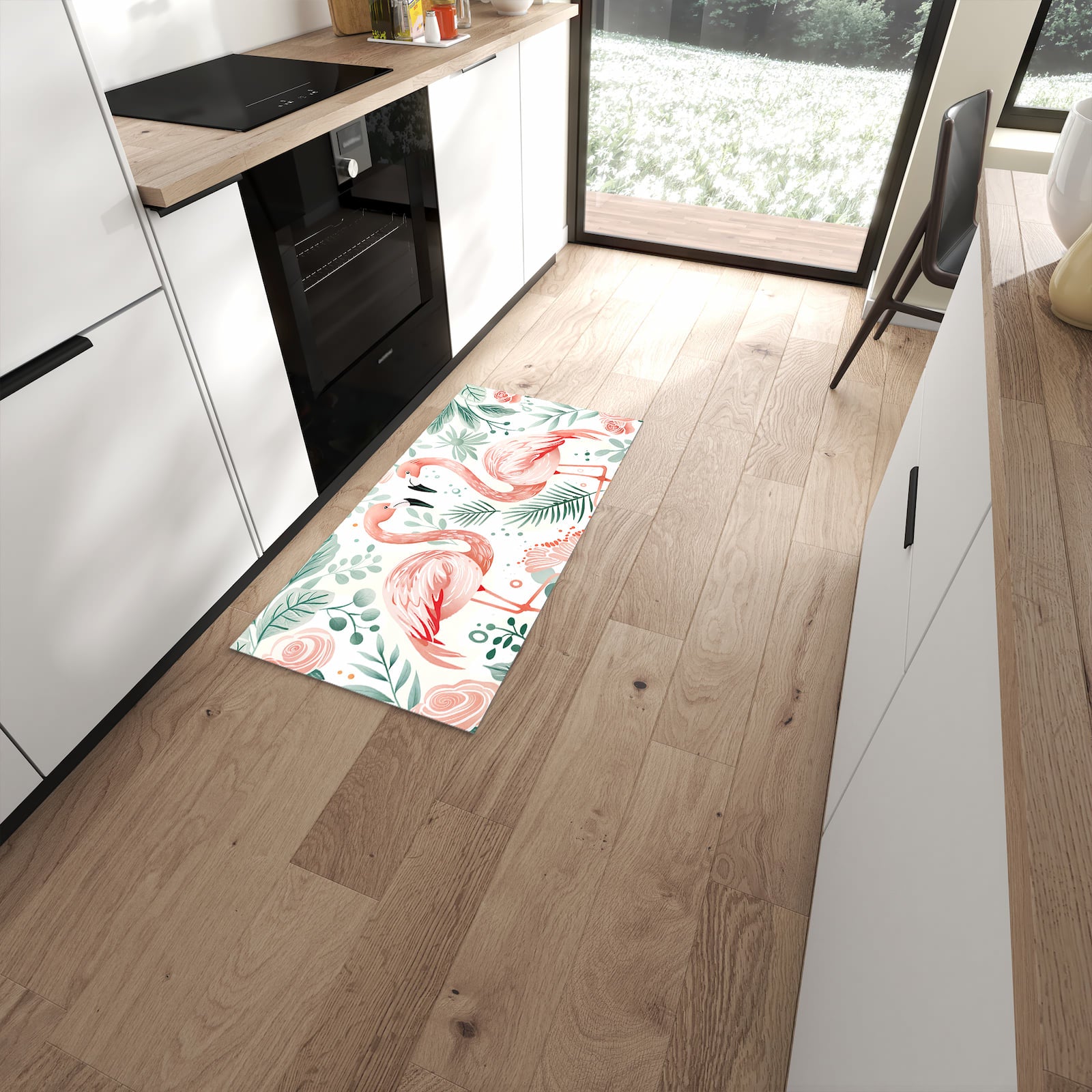 Geruchsneutraler waschbarer Küchenteppich mit Motiv Flamingo Blätter in moderner Küche #grösse_60 x 120 cm
