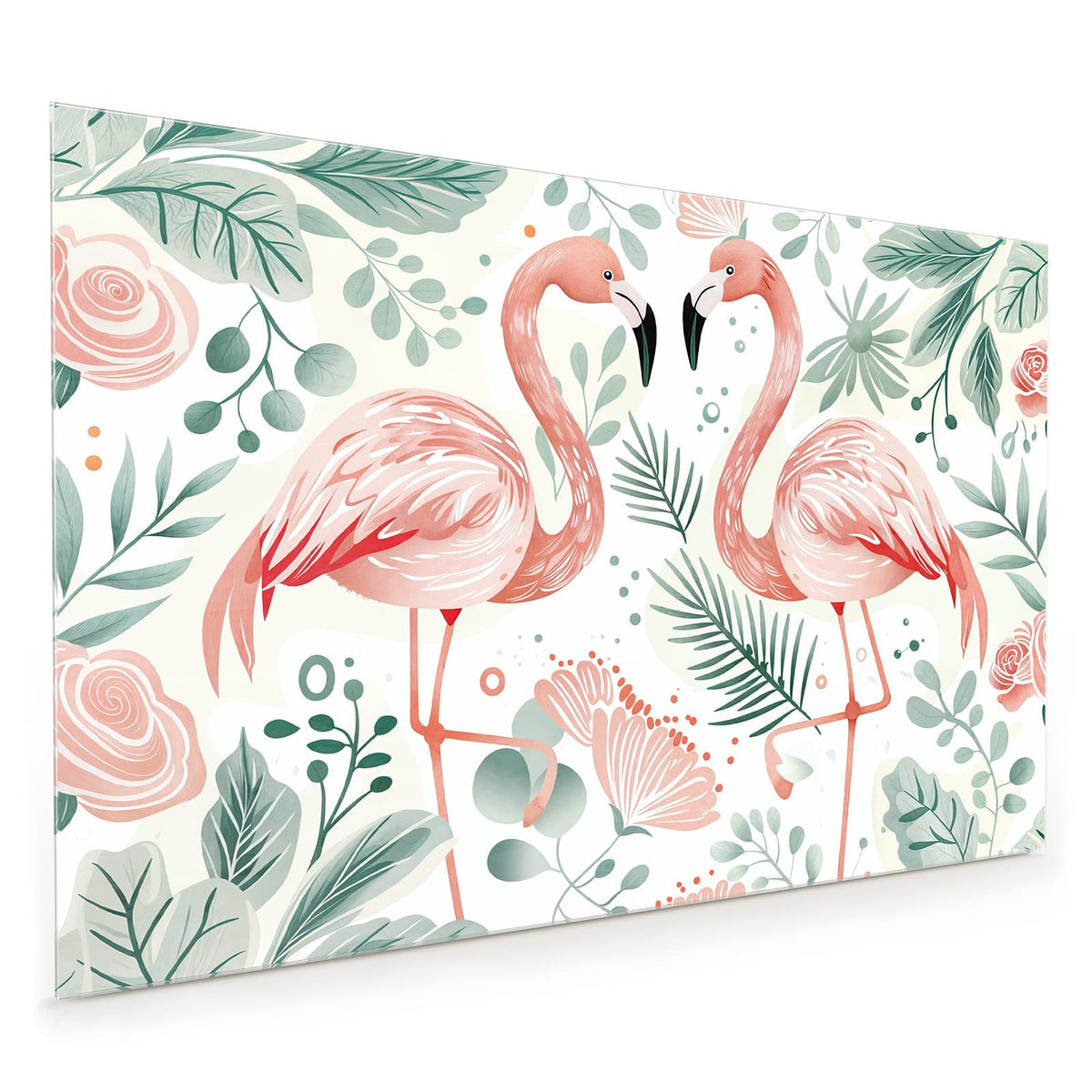 Küchenrückwand aus Glas im Hochformat: Illustration: zwei rosa Flamingos zwischen pastellgrünen Blättern auf Weiß