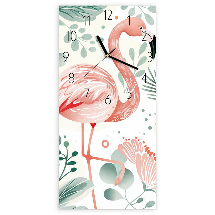 Wanduhr Flamingo Blätter aus Glas – Hochformat 30 × 60 cm mit Ziffernblatt Elegant