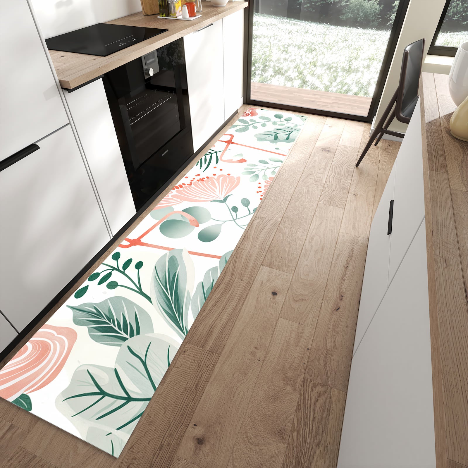 Rutschfester waschbarer Küchenteppich mit Motiv Flamingo Blätter in moderner Küche