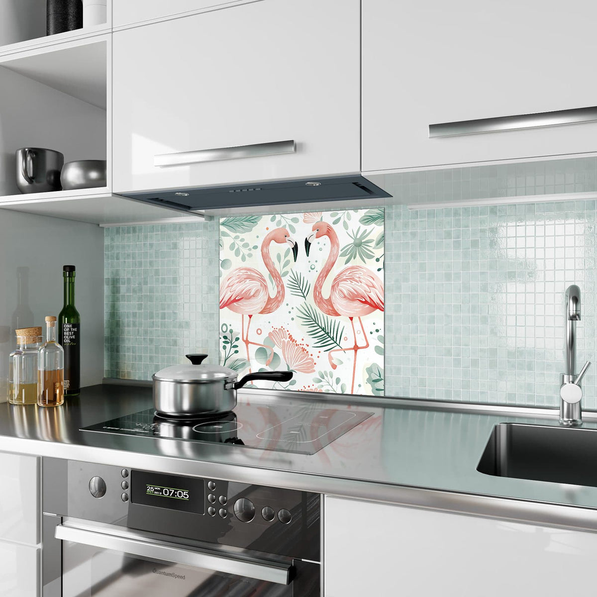 Küchenrückwand aus Glas Flamingos in Pastell im quadratischen Format als Spritzschutz hinter dem Kochfeld, über dem Fliesenspiegel montiert