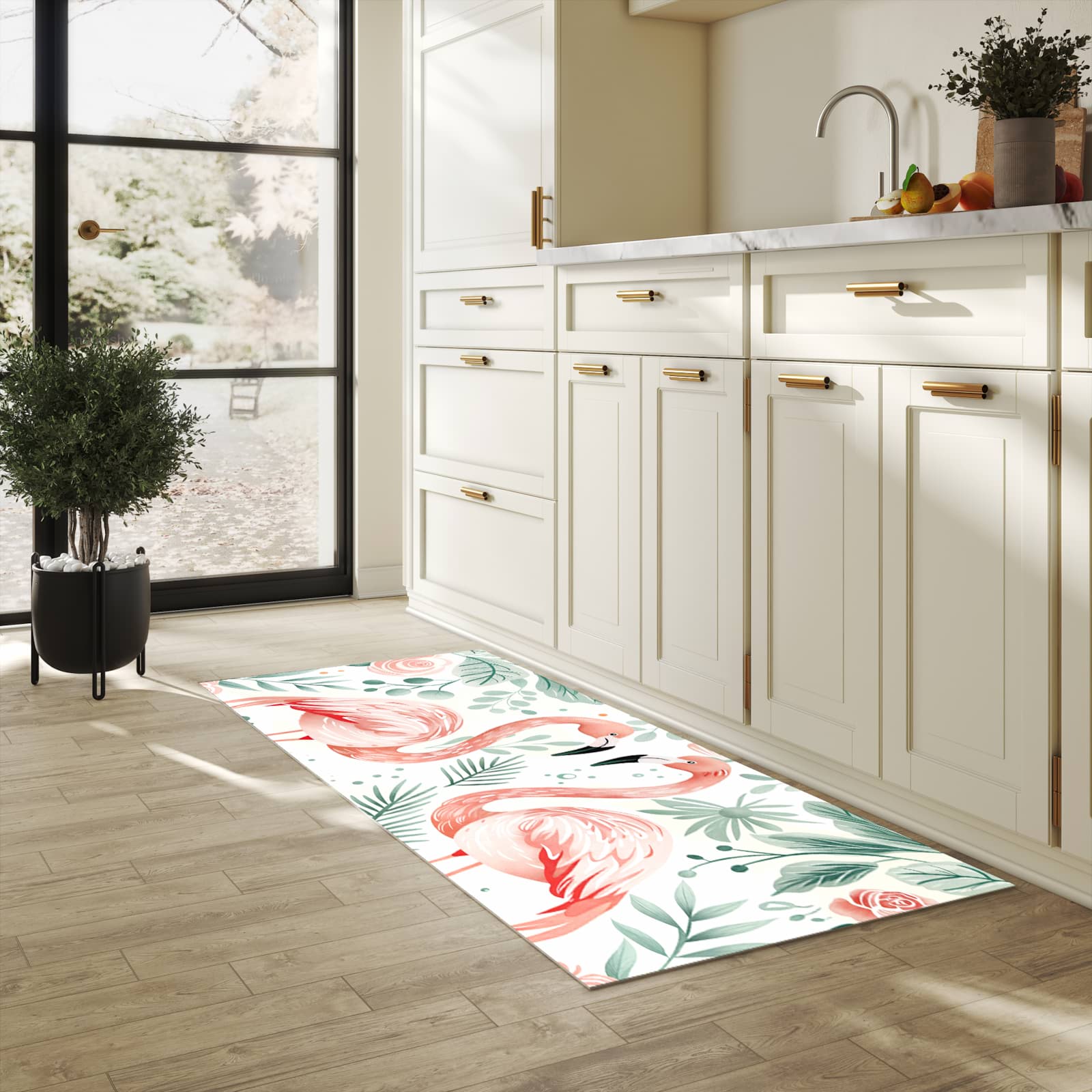 Zeitsparender Küchenteppich mit Motiv Flamingo Blätter in heller Küche