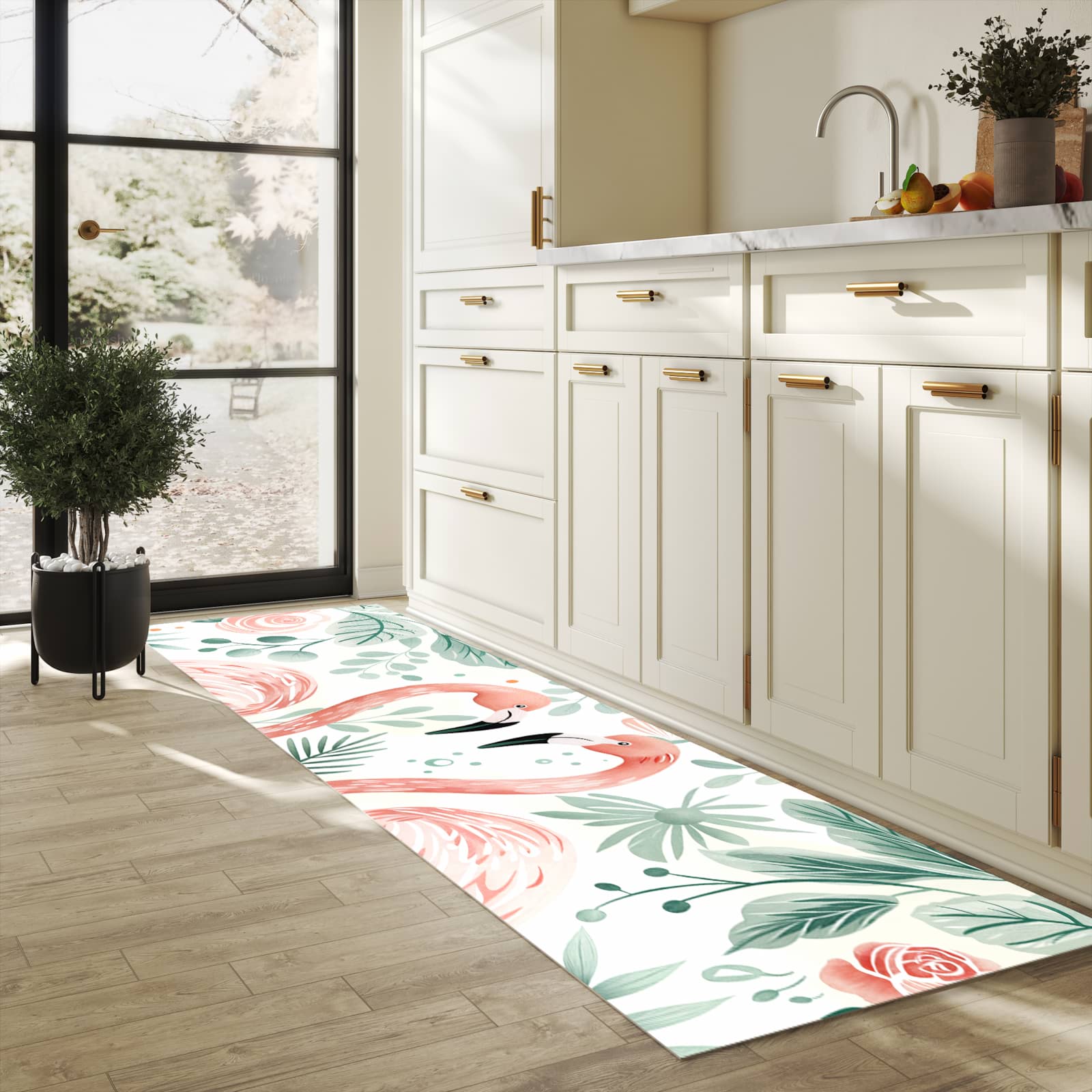 UV-beständiger Küchenläufer mit Motiv Flamingo Blätter in heller Küche