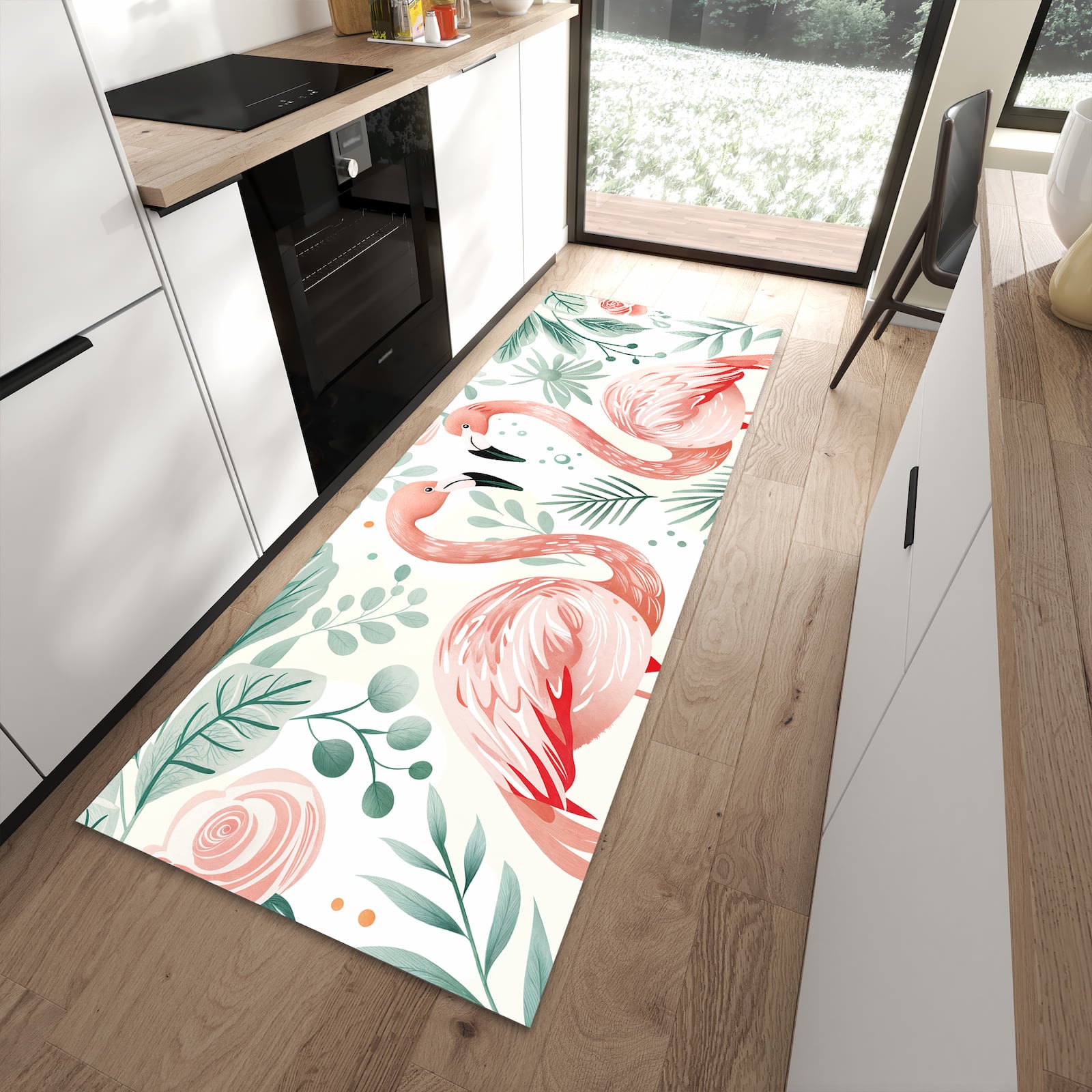 Rutschfester Küchenläufer mit Motiv Flamingo Blätter in moderner Küche