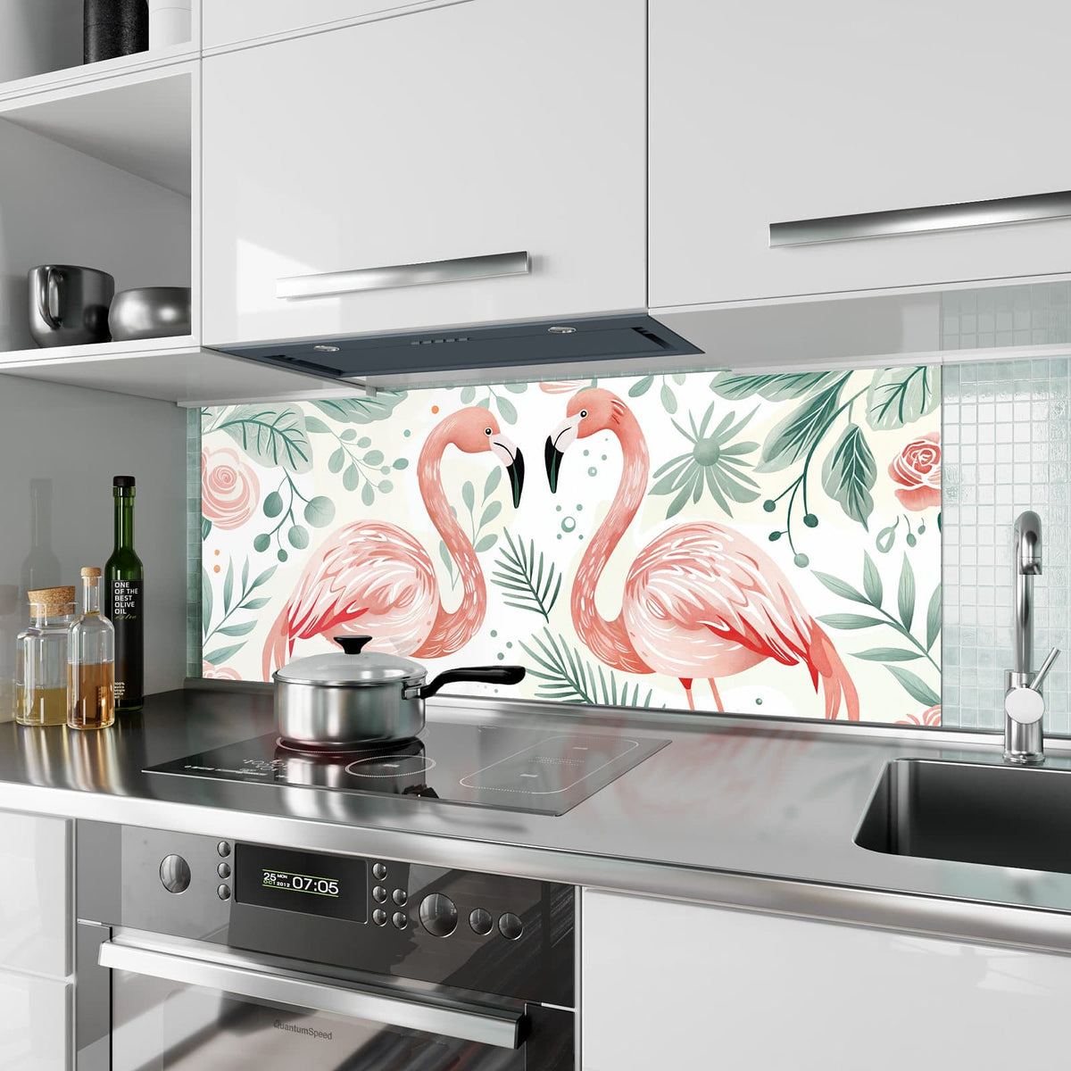 Küchenrückwand aus Glas Flamingos in Pastell im Hochformat als Spritzschutz hinter dem Kochfeld, über dem Fliesenspiegel montiert