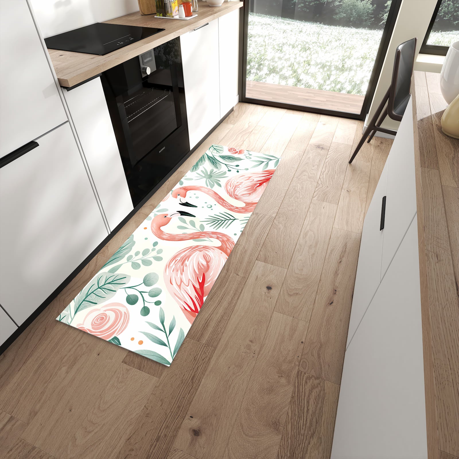 Flacher Küchenteppich mit Motiv Flamingo Blätter in moderner Küche für rutschfesten Stand