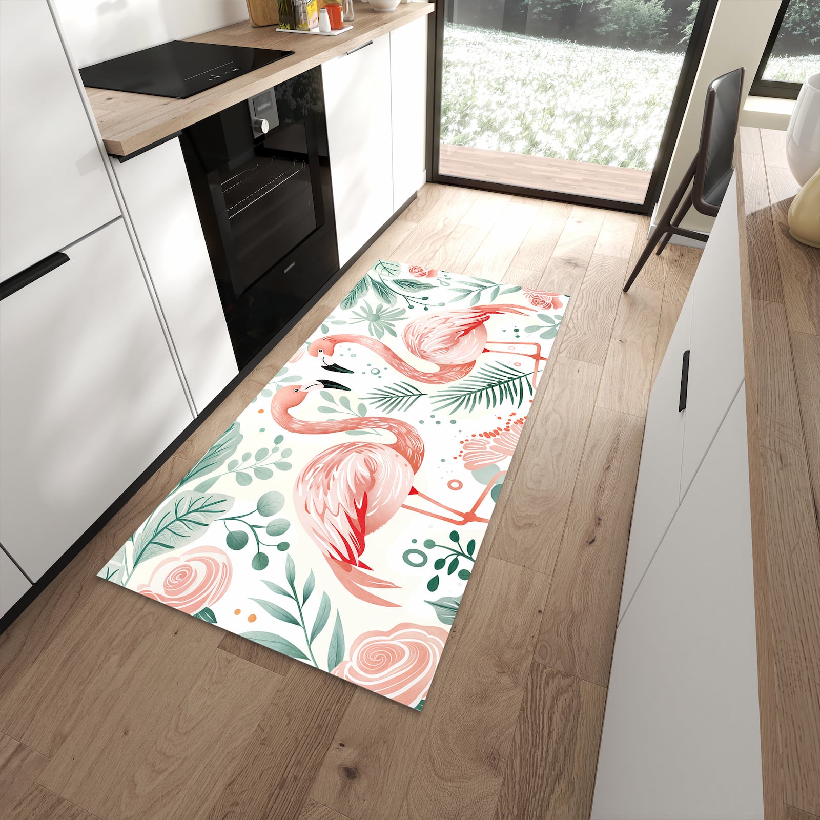 Langlebiger Küchenläufer mit Motiv Flamingo Blätter in moderner Küche