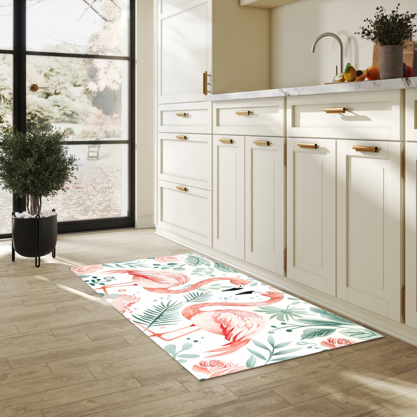 Komfortabler Küchenläufer mit Motiv Flamingo Blätter in heller Küche für angenehmes Stehen