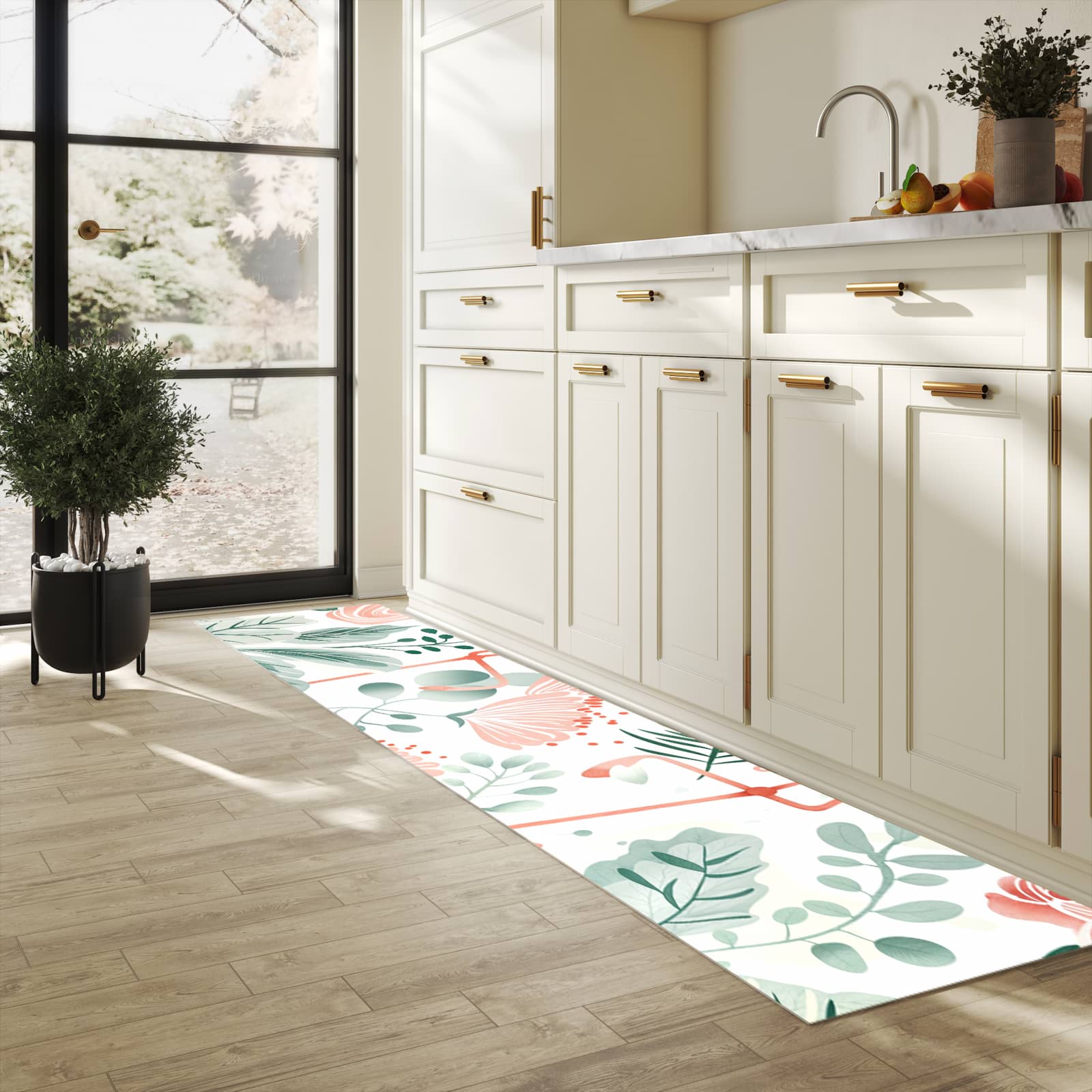 Formstabiler Küchenläufer mit Motiv Flamingo Blätter in heller Küche