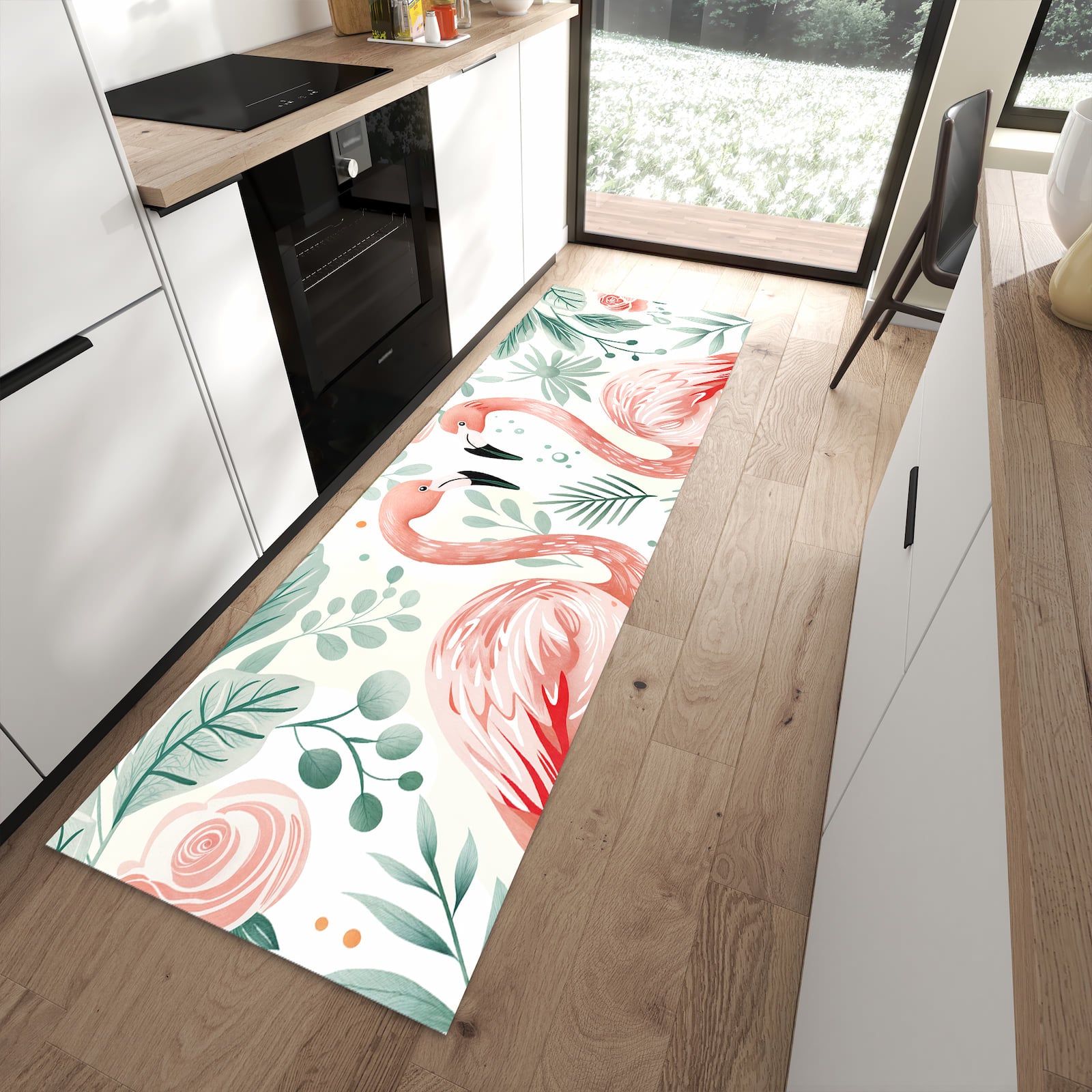 Hygienischer Küchenteppich mit Motiv Flamingo Blätter in moderner Küche - waschbar