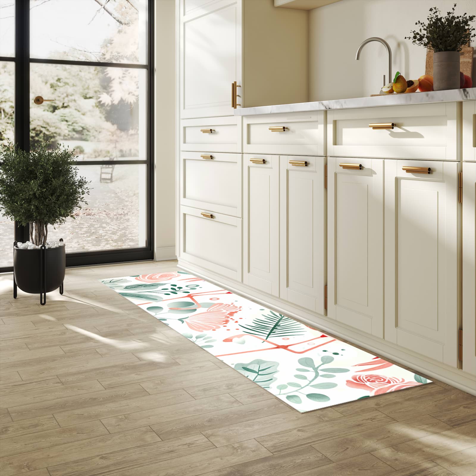 Bodenschonender Küchenteppich mit Motiv Flamingo Blätter in heller Küche