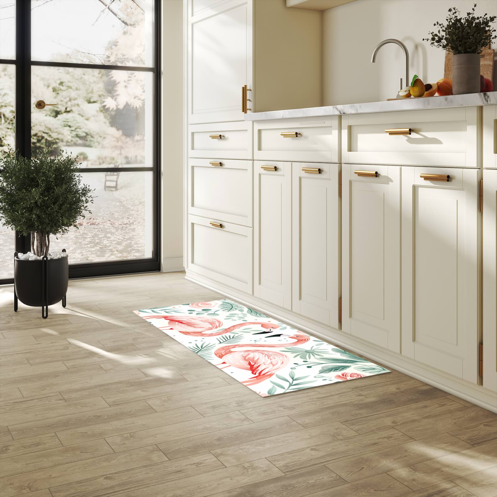 Bodenschonender Küchenteppich mit Motiv Flamingo Blätter in heller Küche