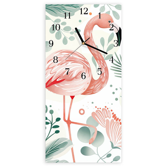 Wanduhr Flamingo Blätter aus Glas – Hochformat 30 × 60 cm mit Ziffernblatt Klassisch