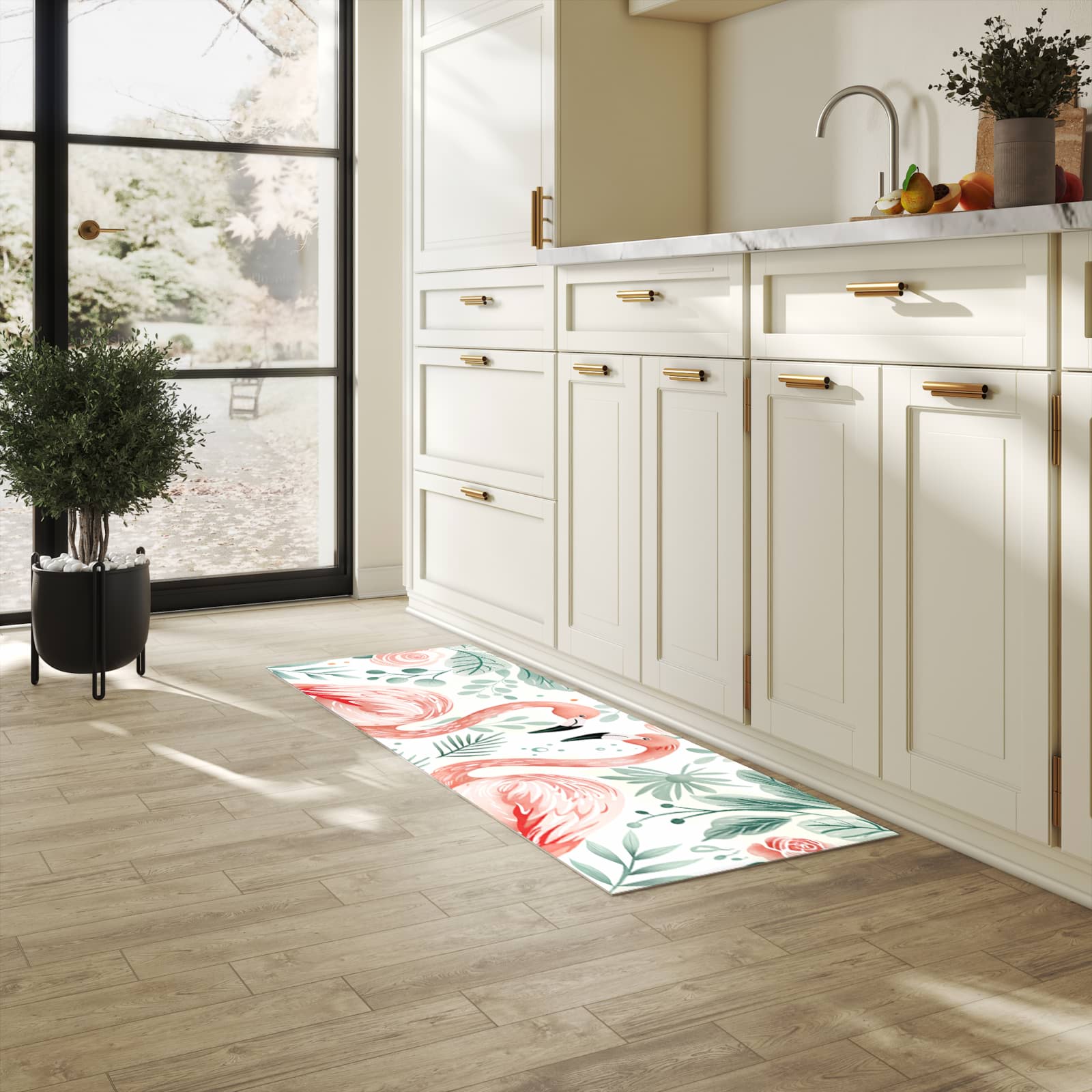 Küchenteppich mit Motiv Flamingo Blätter für Ordnung & Übersicht in heller Küche