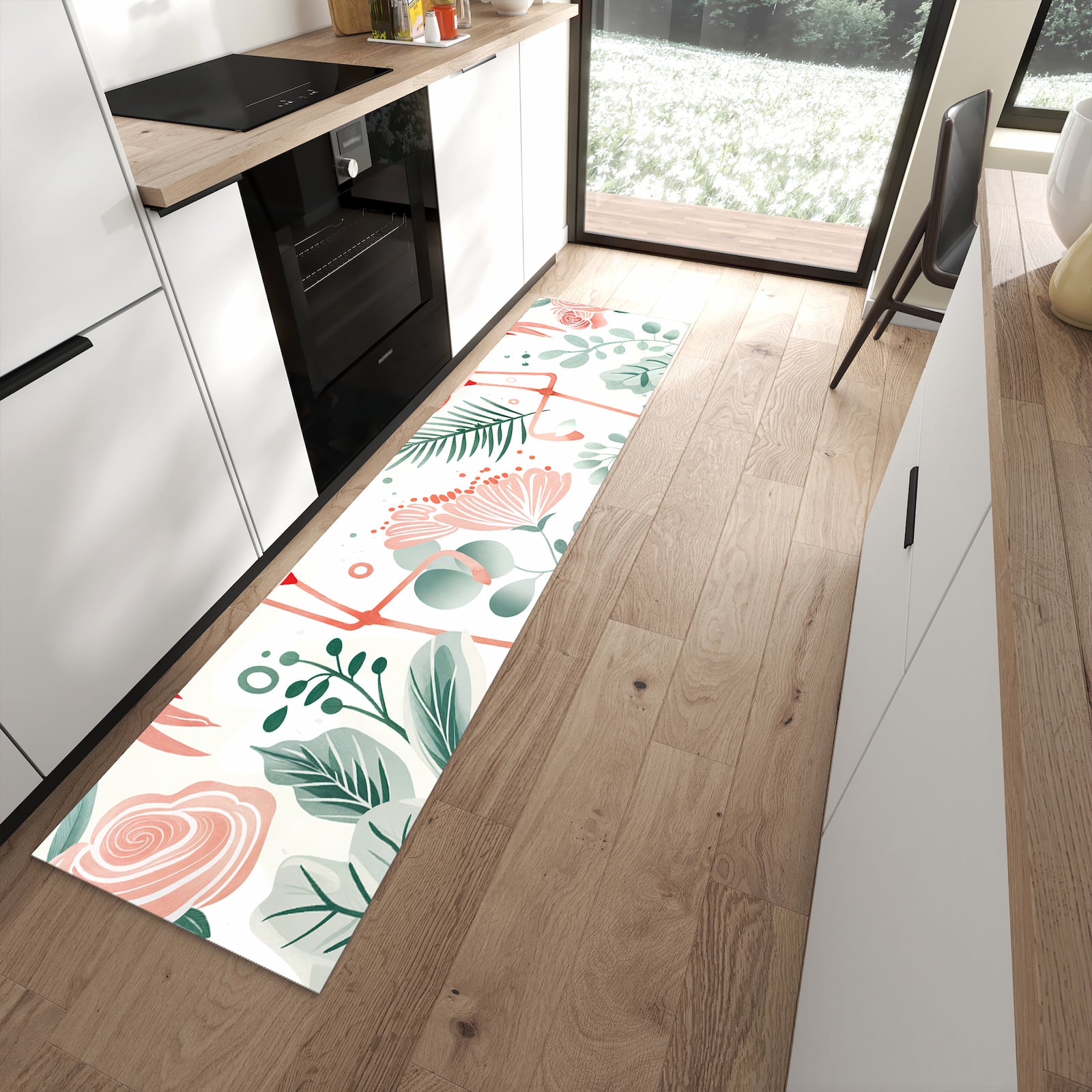 Pflegeleichter Küchenteppich mit Motiv Flamingo Blätter in moderner Küche