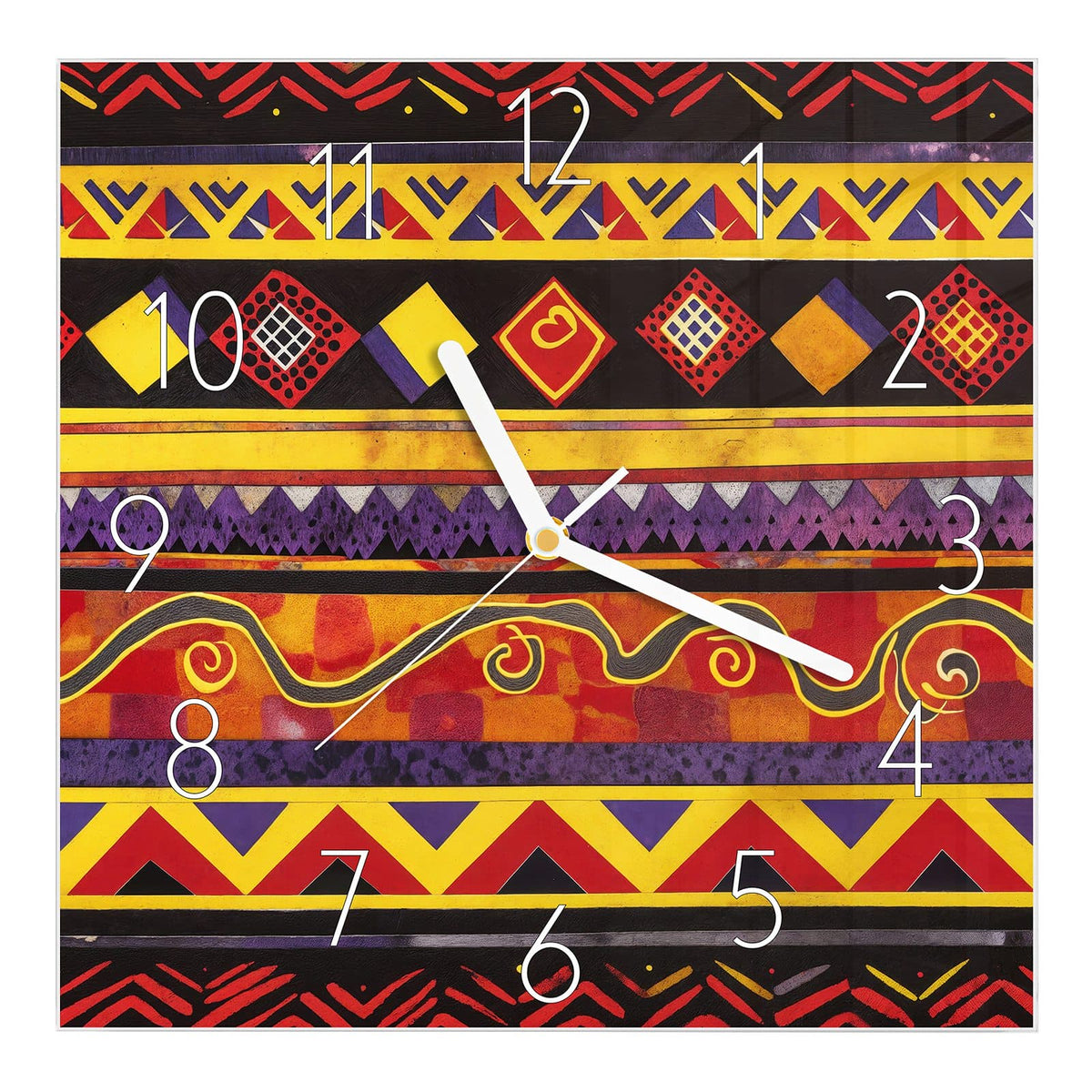 Wanduhr aus Glas, Ziffernblatt Elegant: Waagerechte Ethno-Streifen in Rot, Gelb, Lila und Schwarz mit Rauten und Zickzack #ziffernblatt_Elegant