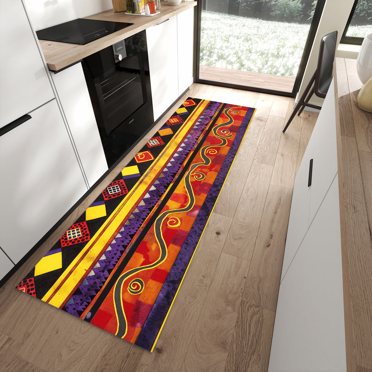 UV-beständiger waschbarer Teppich für Esstisch mit Motiv Ethno Muster Schwarz Rot in moderner Küche