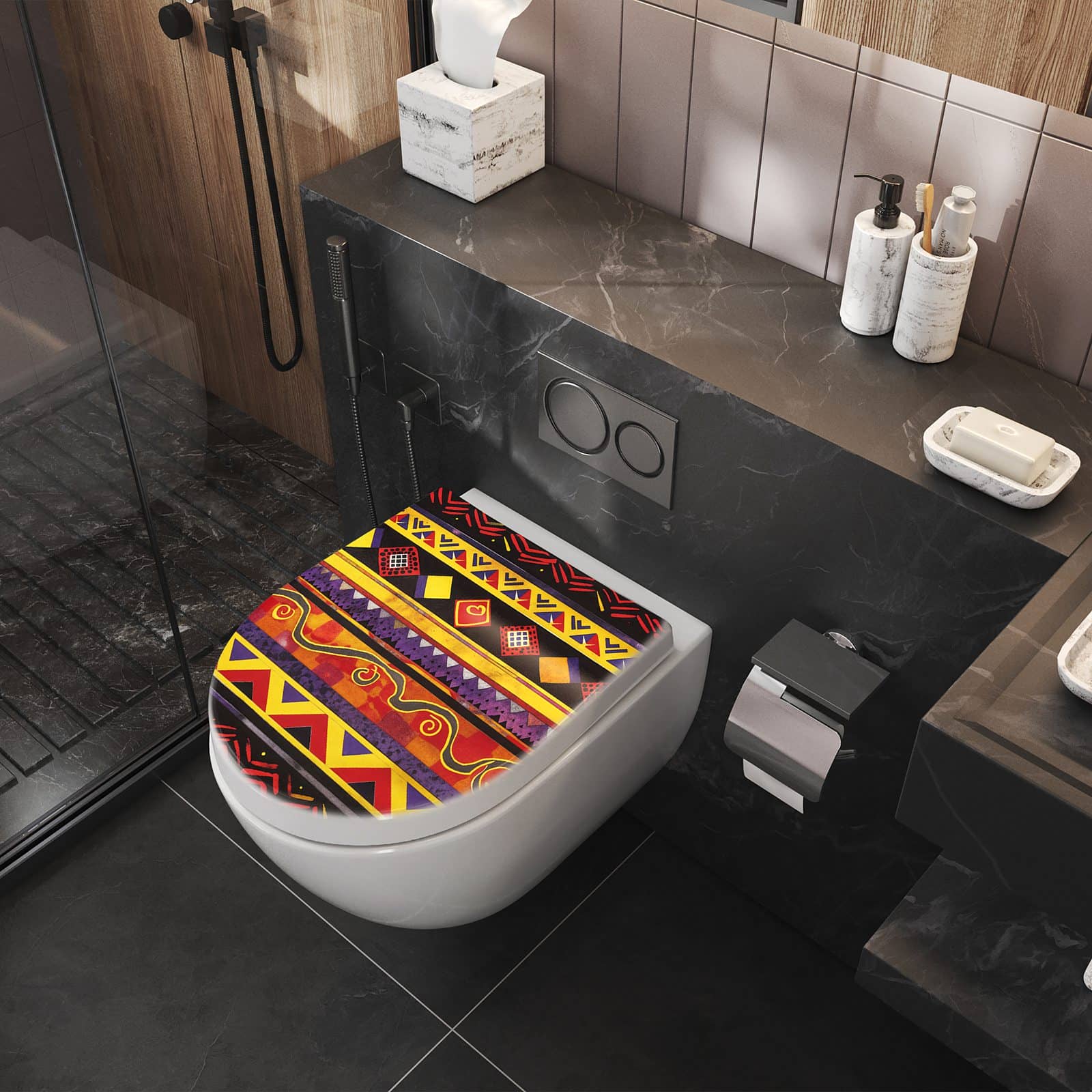 WC-Sitz mit Absenkautomatik Ethno Muster Schwarz Rot