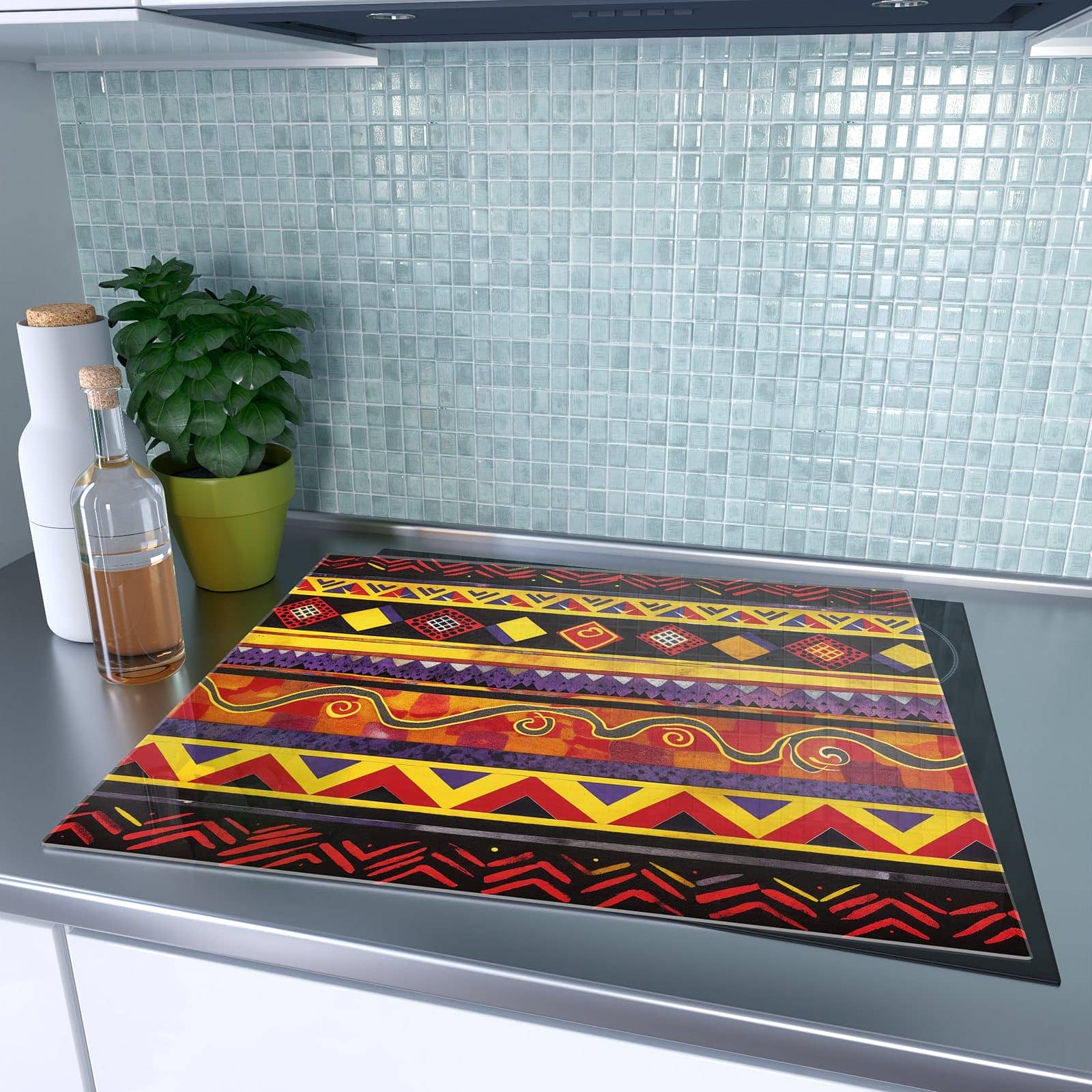 1-teilige Herdabdeckplatten aus Glas mit Ethno Muster Schwarz Rot-Motiv auf dem Ceranfeld