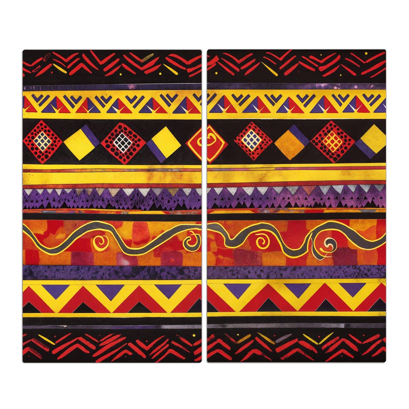 2-teilige Herdabdeckplatten für Ceranfeld mit Ethno Muster Schwarz Rot-Motiv in der Frontansicht #grösse_2-Teilig (60x52cm)