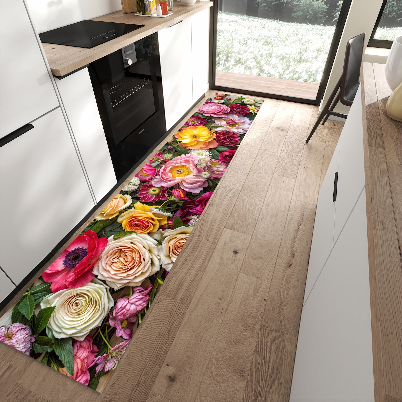 Küchenteppich mit Motiv Blumenbouquet für angenehme Haptik in moderner Küche