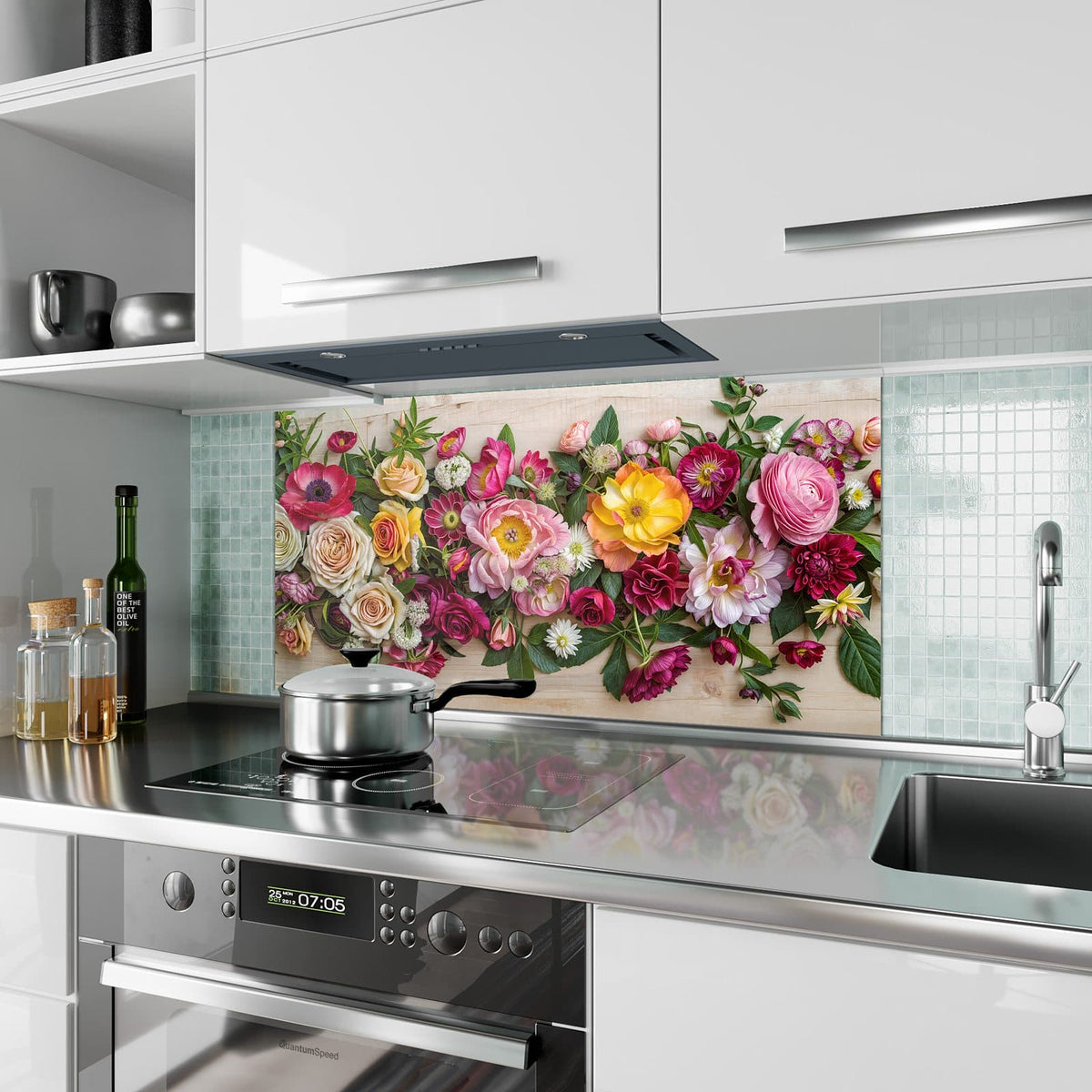 Küchenrückwand aus Glas Blumenband auf Holz im Hochformat als Spritzschutz hinter dem Kochfeld, über dem Fliesenspiegel montiert