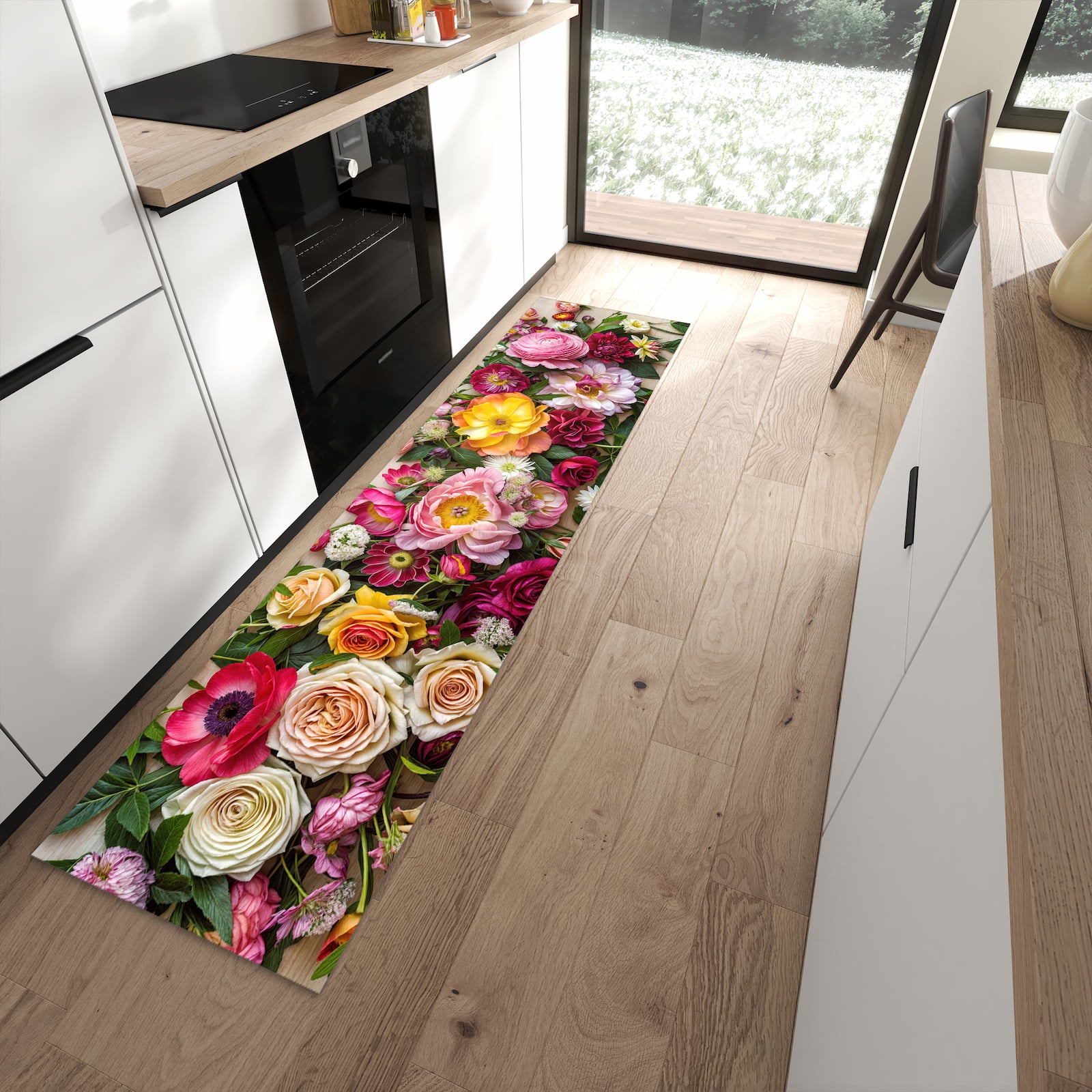Rutschfester Küchenläufer mit Motiv Blumenbouquet in moderner Küche