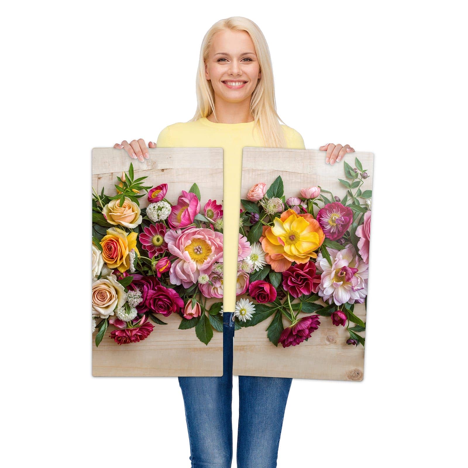 2-teilige Herdabdeckplatten mit Blumenbouquet-Motiv werden zur Größendarstellung gehalten