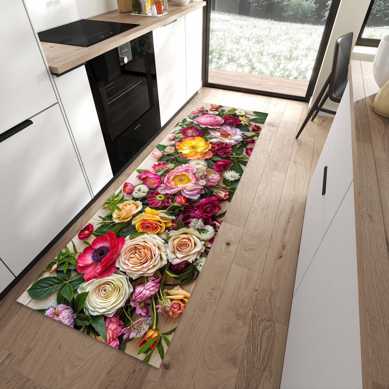 Waschbarer Küchenteppich mit Motiv Blumenbouquet in moderner Küche