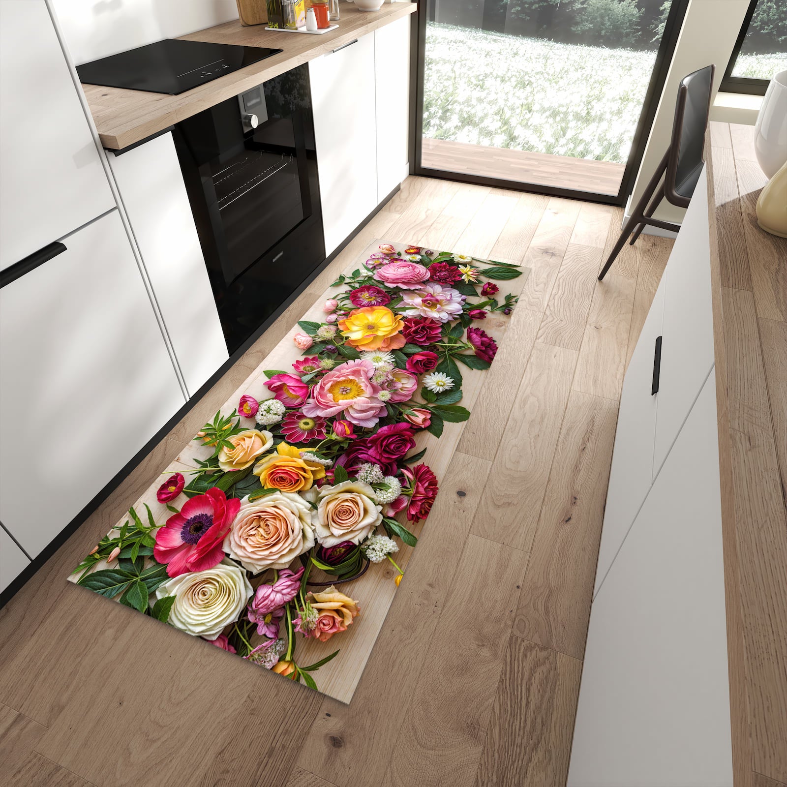 Strapazierfähiger Küchenvorleger mit Motiv Blumenbouquet in moderner Küche