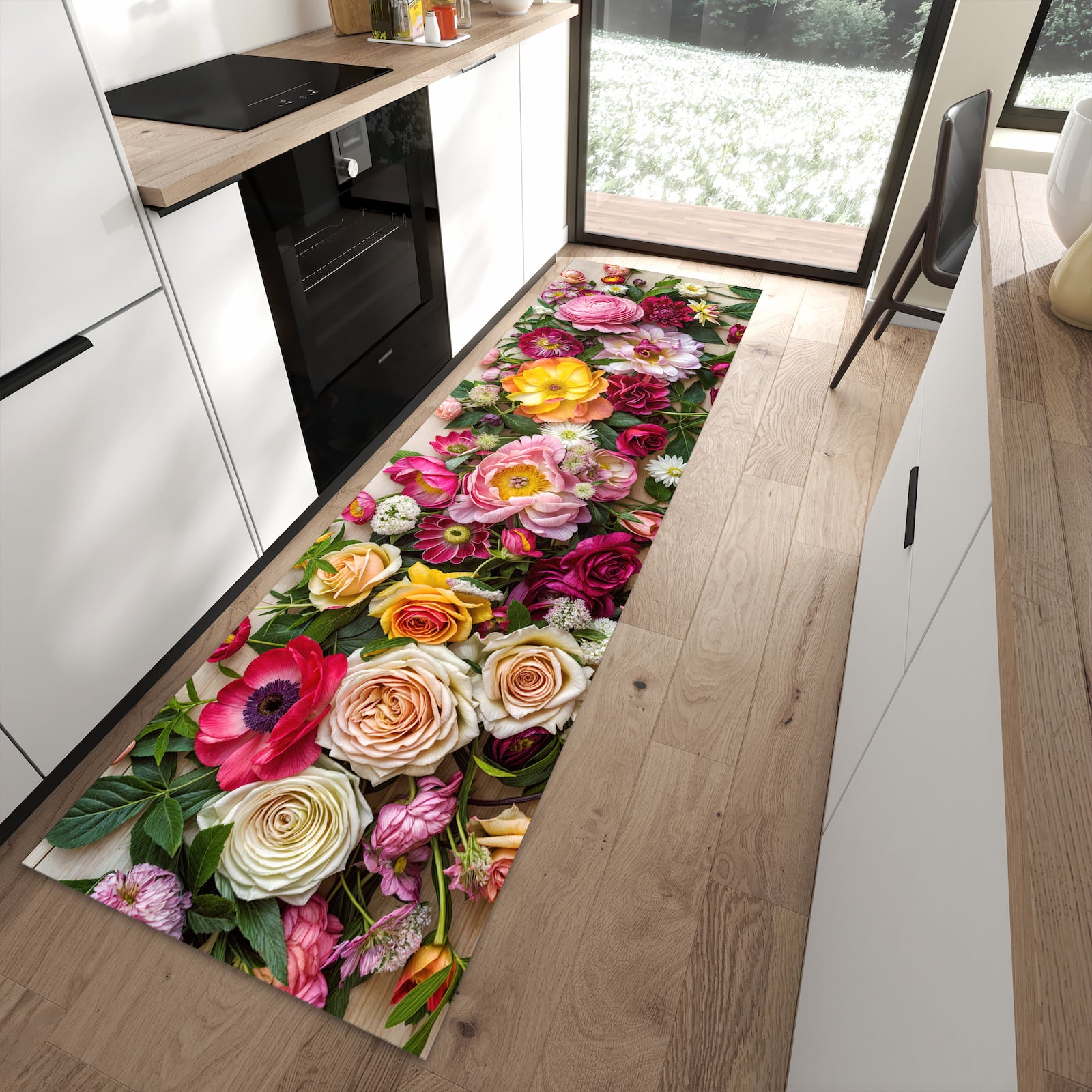 Langlebiger Küchenläufer mit Motiv Blumenbouquet in moderner Küche