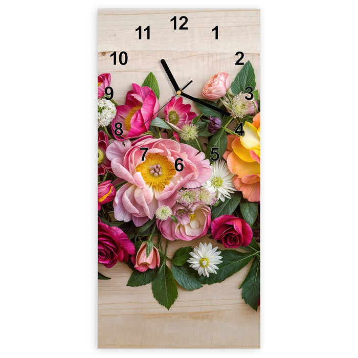Wanduhr Blumenbouquet aus Glas – Hochformat 30 × 60 cm mit Ziffernblatt Modern