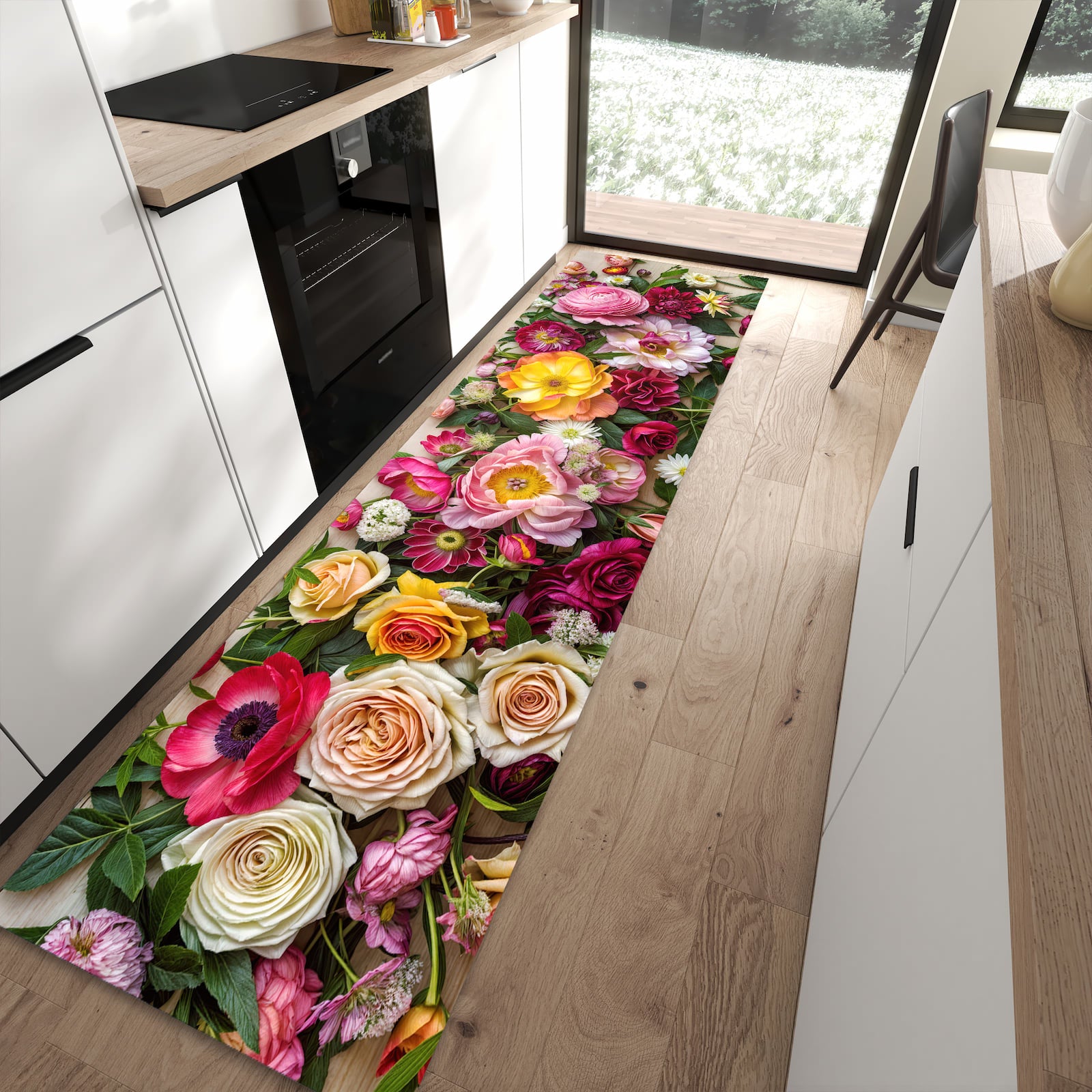 Rutschfester Küchenläufer mit Motiv Blumenbouquet in moderner Küche