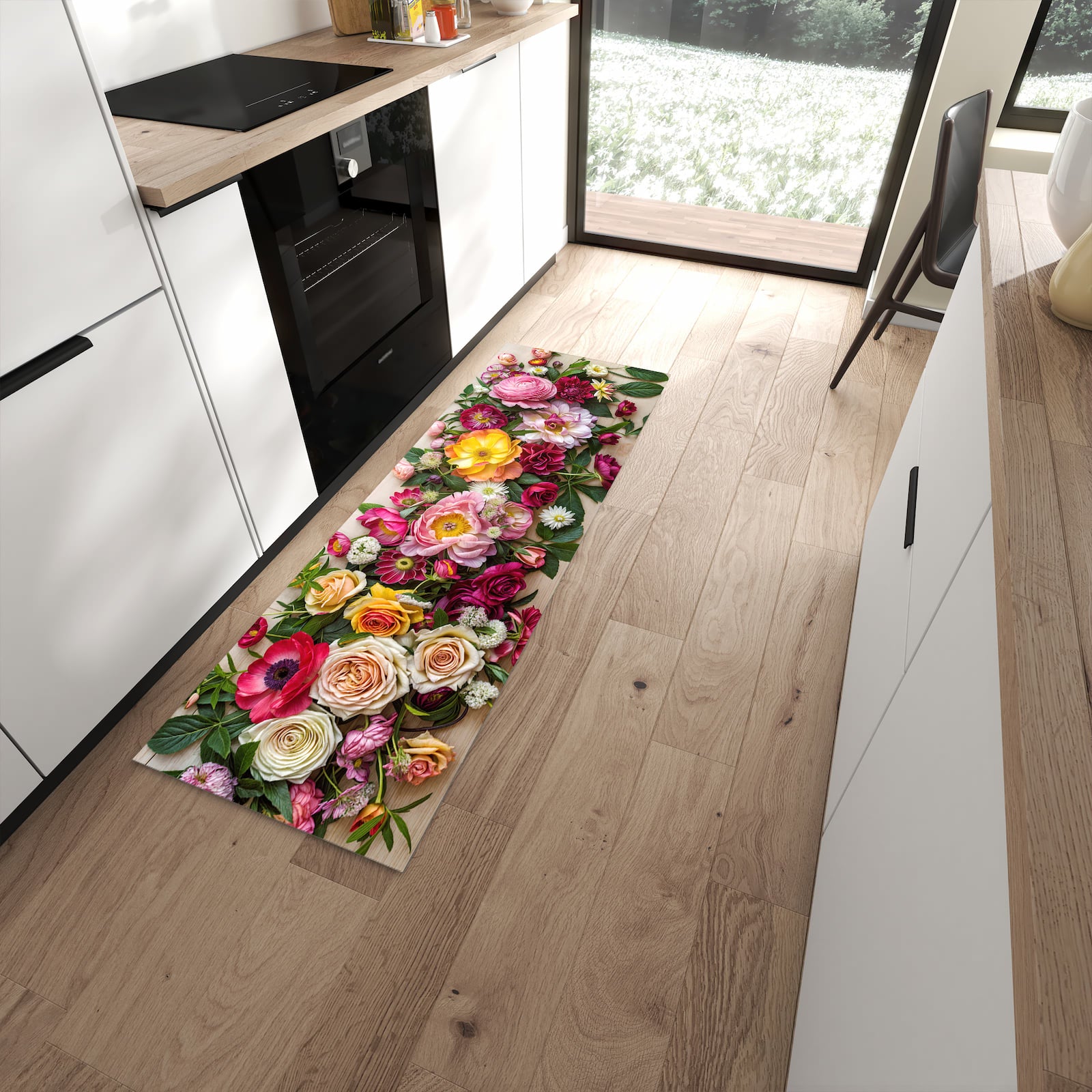 Komfortabler Küchenteppich mit Motiv Blumenbouquet in moderner Küche