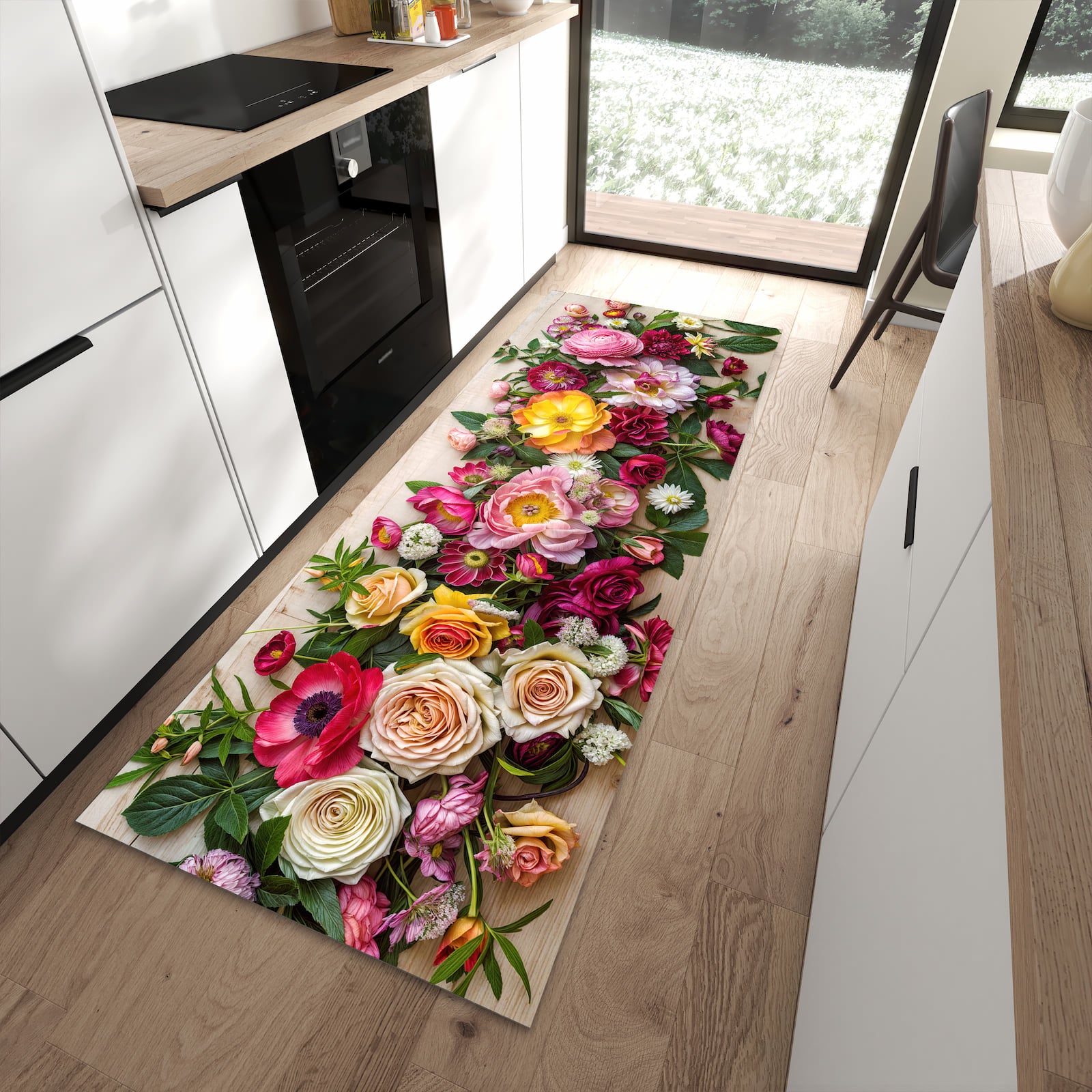 Bodenschonender waschbarer Läufer für die Küche mit Motiv Blumenbouquet in moderner Küche