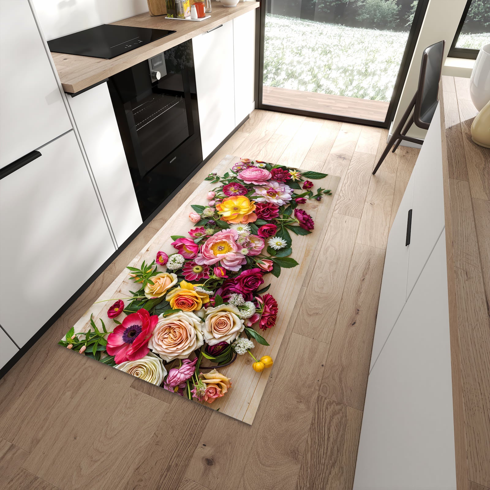 Feuchtigkeitsresistenter Teppichläufer mit Motiv Blumenbouquet in moderner Küche
